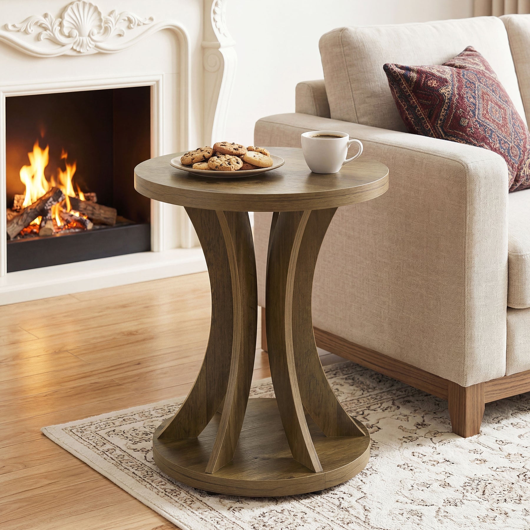 17.71" Round Side Table, Farmhouse Curved End Table for Small Spaces