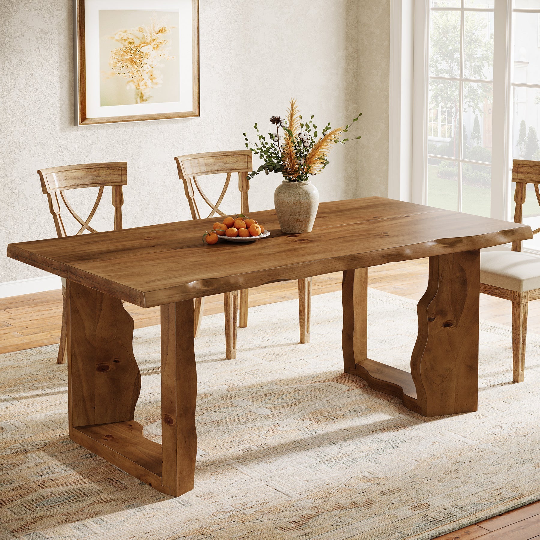 63" Solid Wood Dining Table for 6, Rectangular Kitchen Table with Sculptural Legs