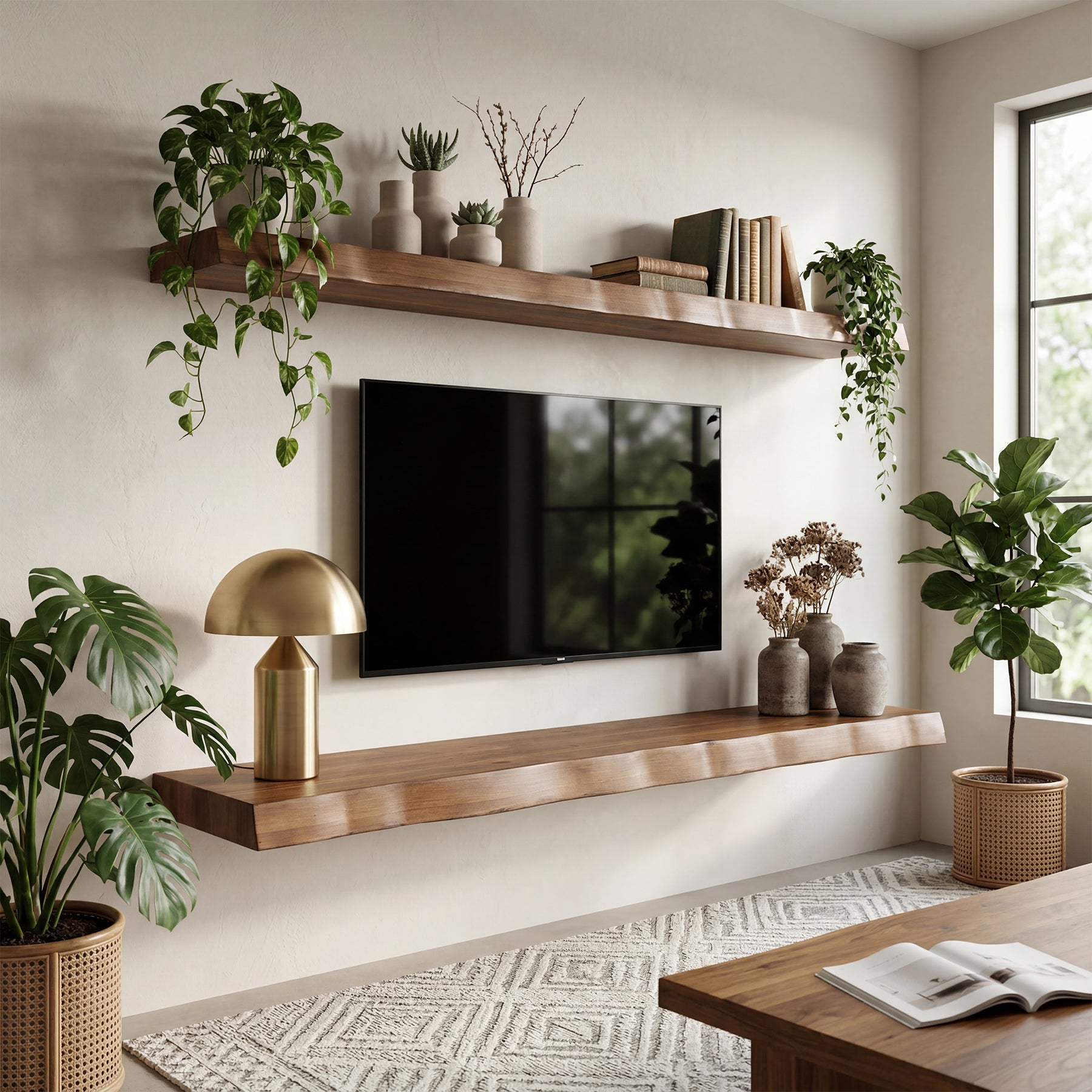 63" Solid Wood Fireplace Mantel, Floating Mantel Shelf with Live Edge for Living Room