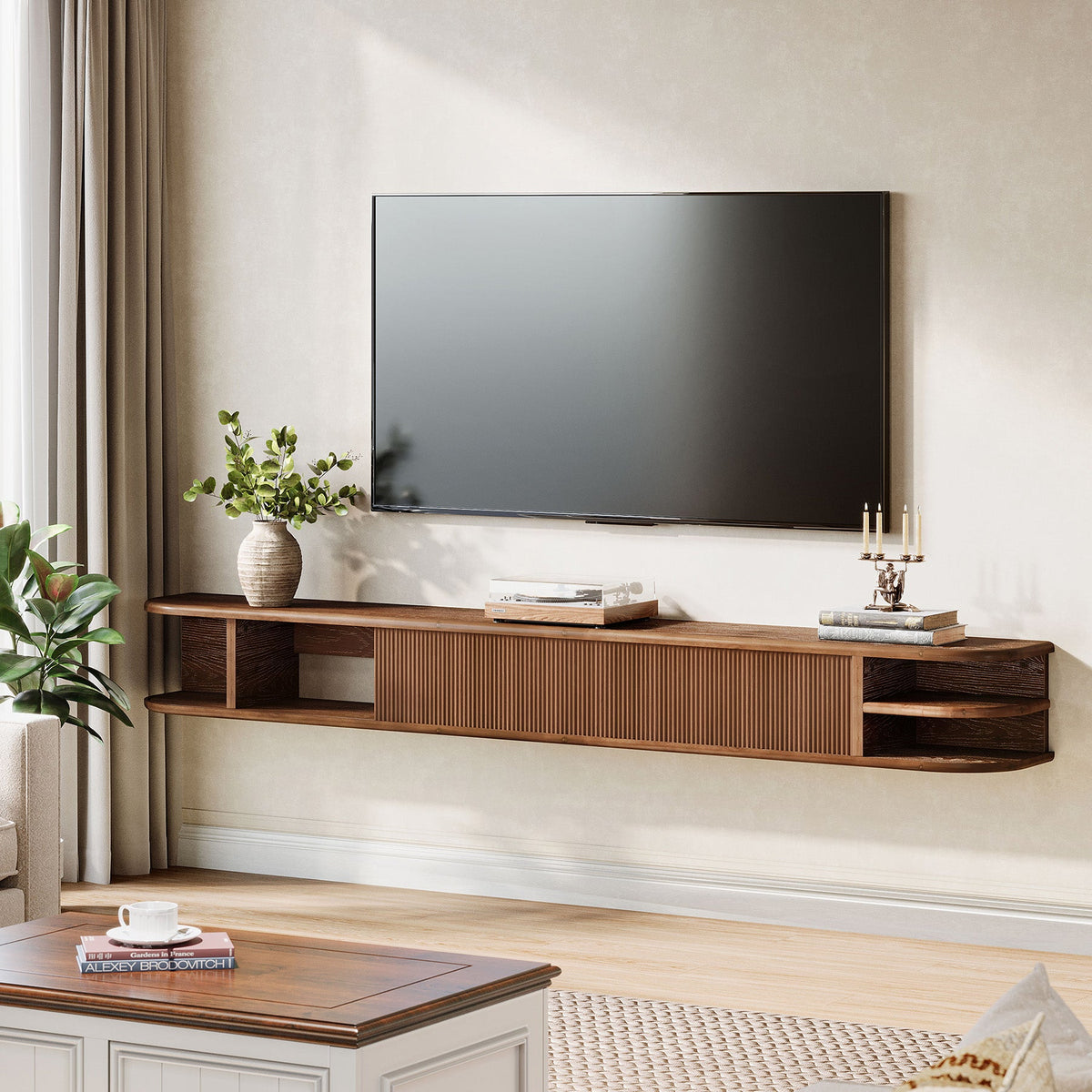 71" Floating TV Stand with Fluted Doors, Solid Wood Media Console with Cable Management for 50-90" TVs
