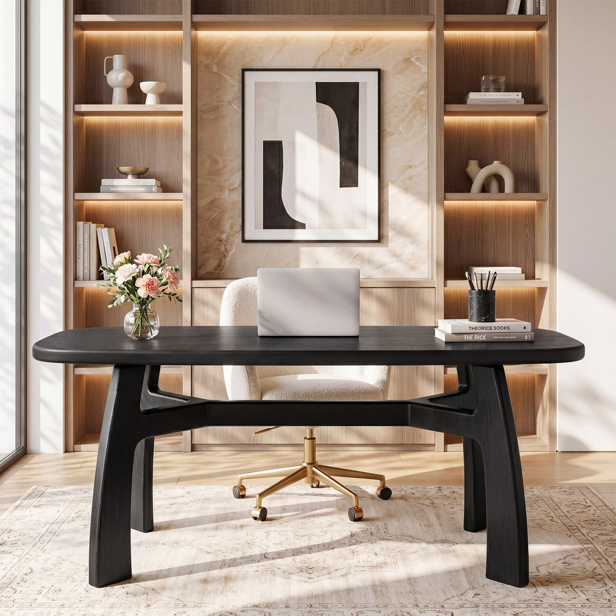 63" Solid Wood Computer Desk, Modern Office Desk with Boat-Shaped Top for Home Office