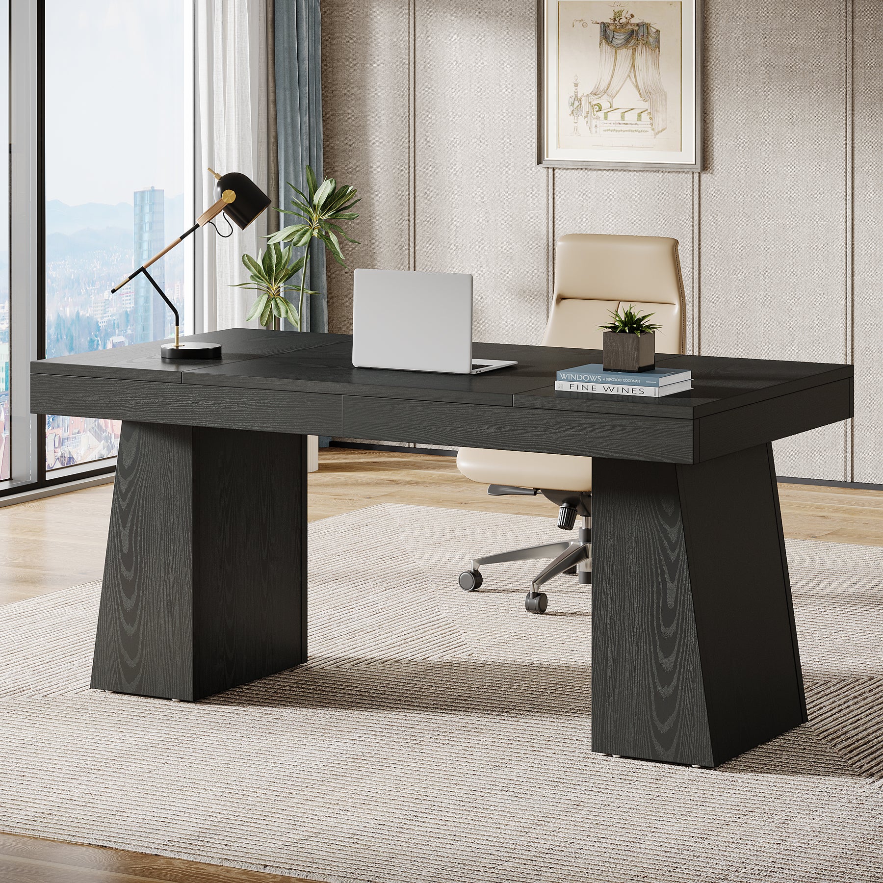 55" Executive Desk, Modern Wood Computer Desk Workstation Desk