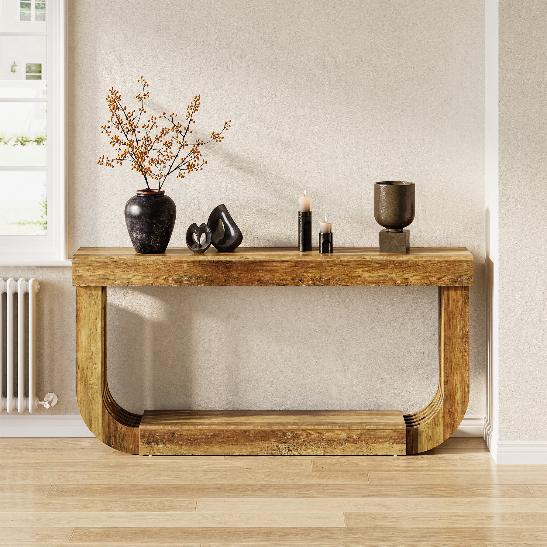 70.9" Console Table, 2-Tier Sofa Table with U-Shaped Pedestal