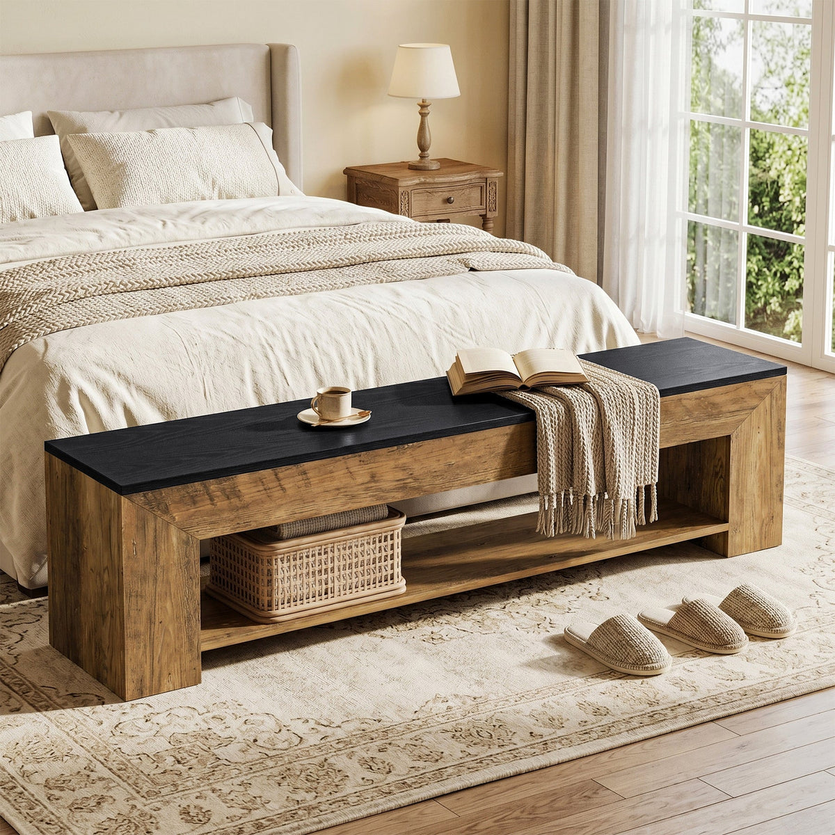 71" Entryway Bench with Shoe Storage, Farmhouse Shoe Bench with 2 Shelves