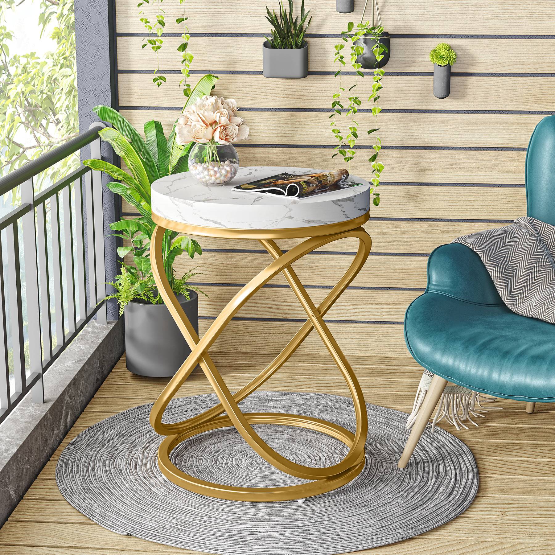 End Table, 26" Tall Round Sofa Side Table with Faux Marble Top Tribesigns