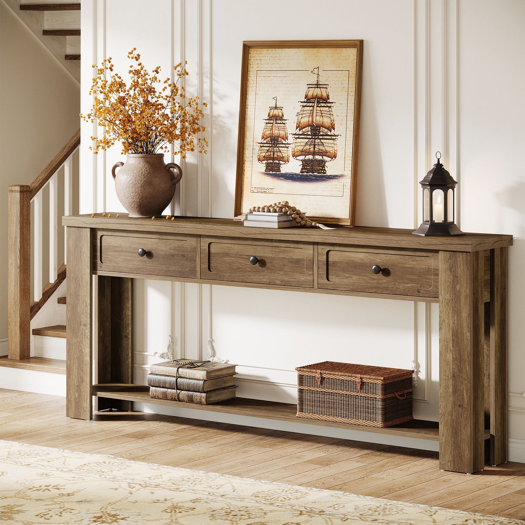 70.9" Console Table with 3 Drawers, Farmhouse Entryway Sofa Table with Shelf for Hallway