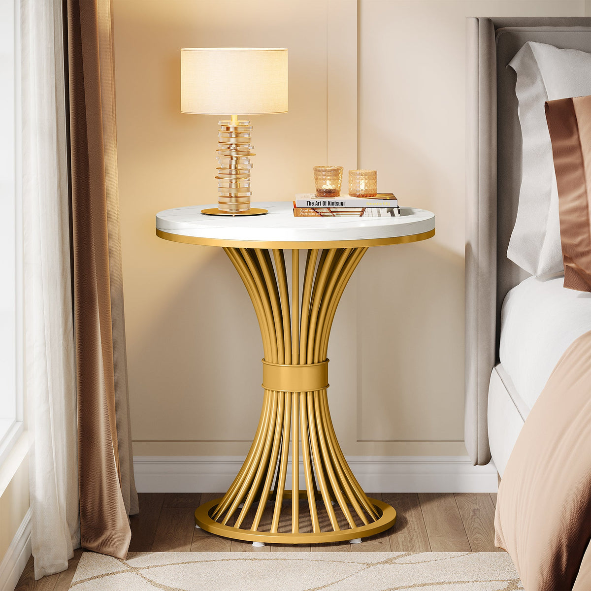 19.69" Round End Table, Faux Marble Side Table with Gold Metal Base