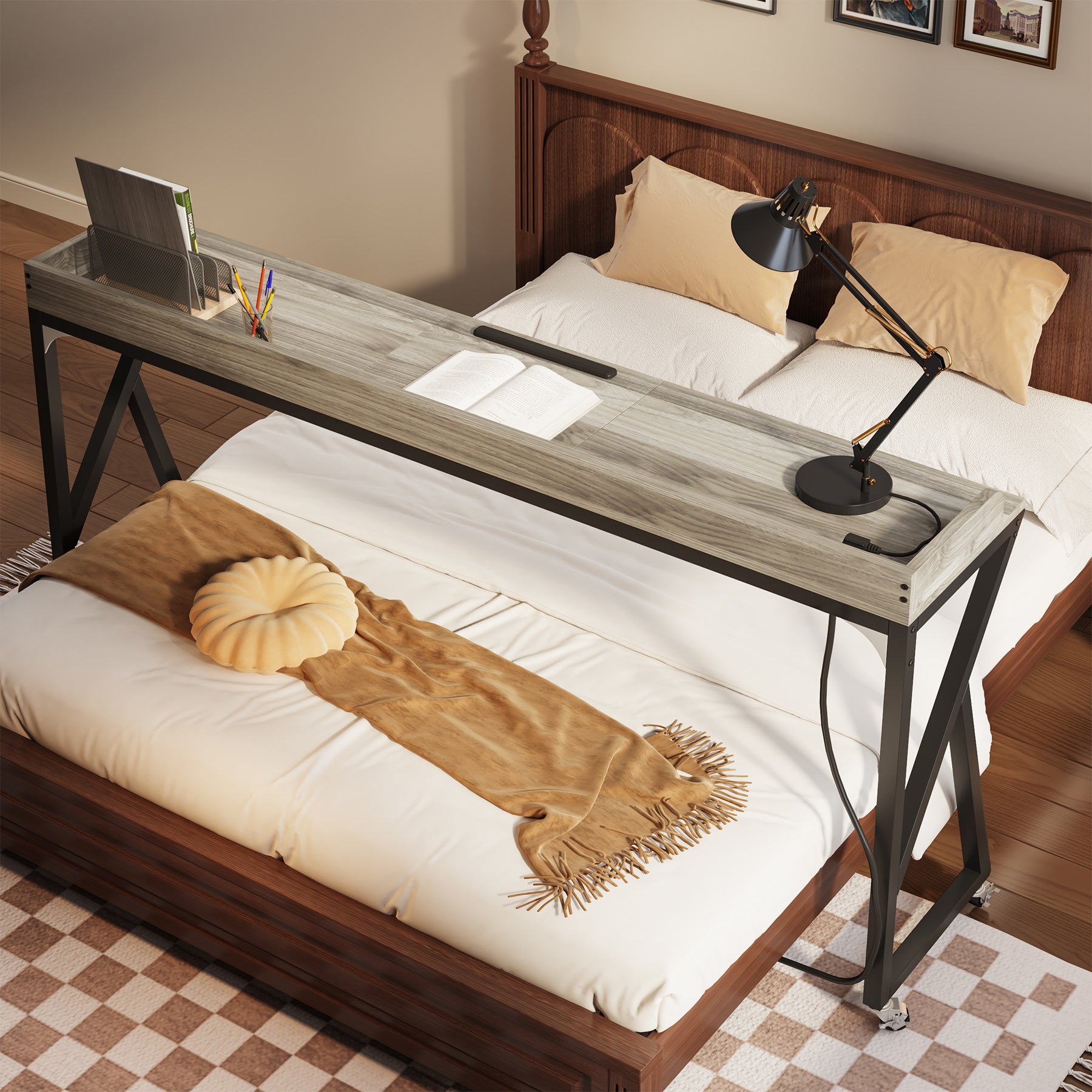 Mobile Overbed Table, 70.9" Over Bed Desk with Adjustable Tilt Board