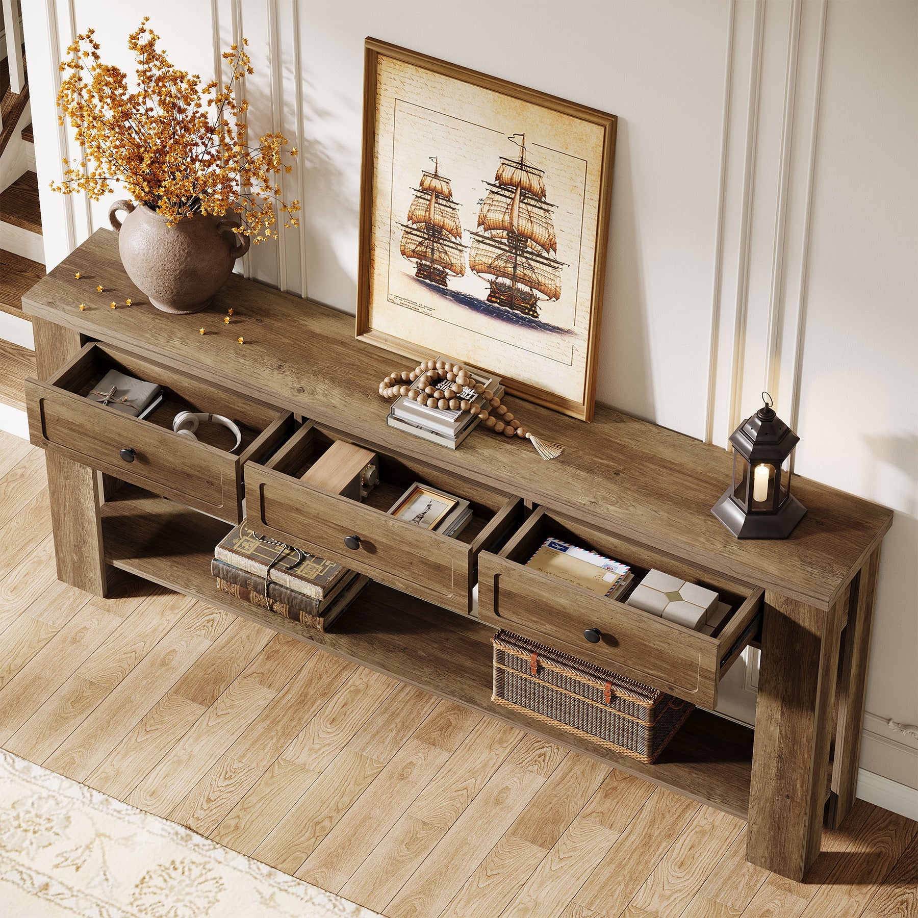 70.9" Console Table with 3 Drawers, Farmhouse Entryway Sofa Table with Shelf for Hallway