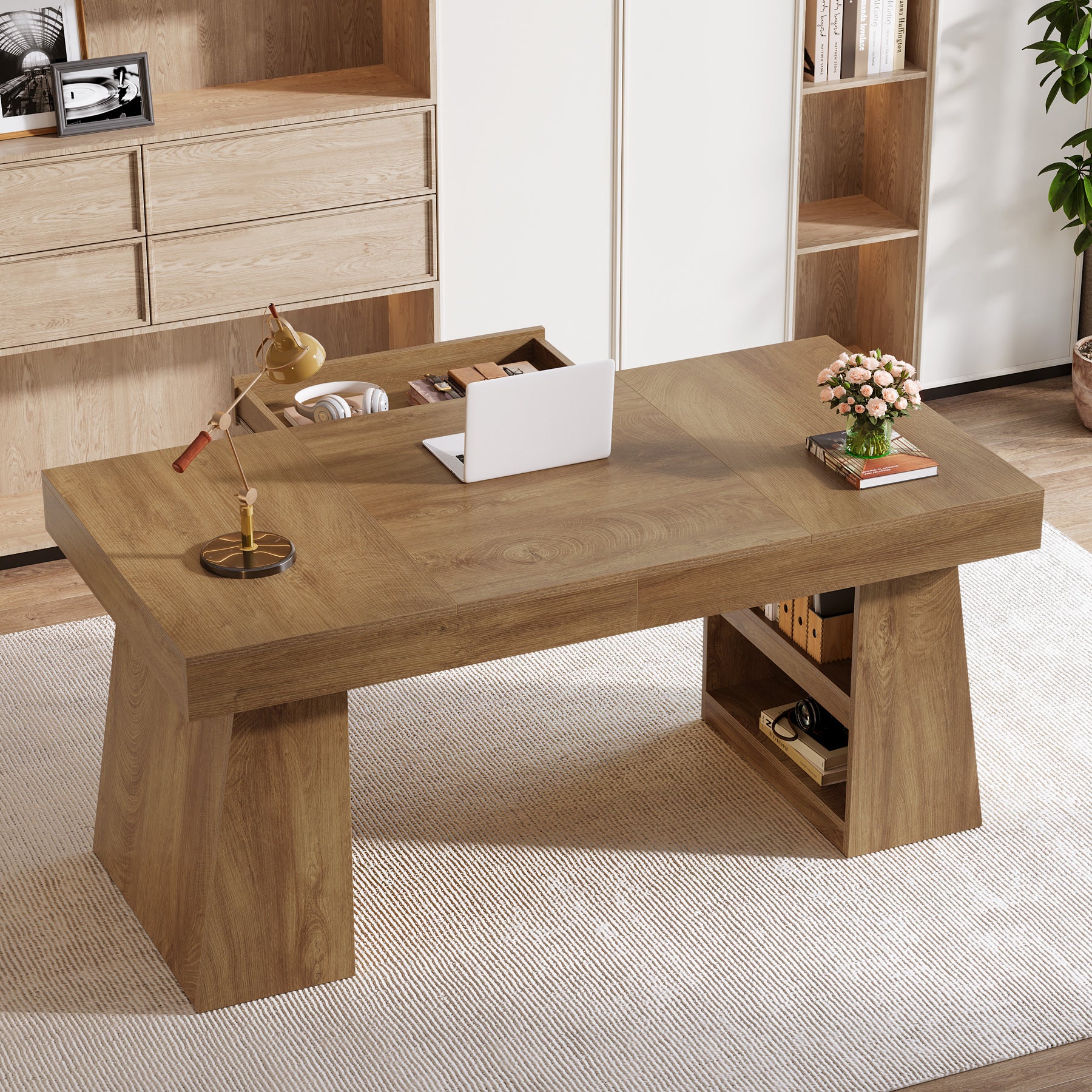 55" Executive Desk with Drawer, Farmhouse Computer Desk with Storage Shelves for Home Office
