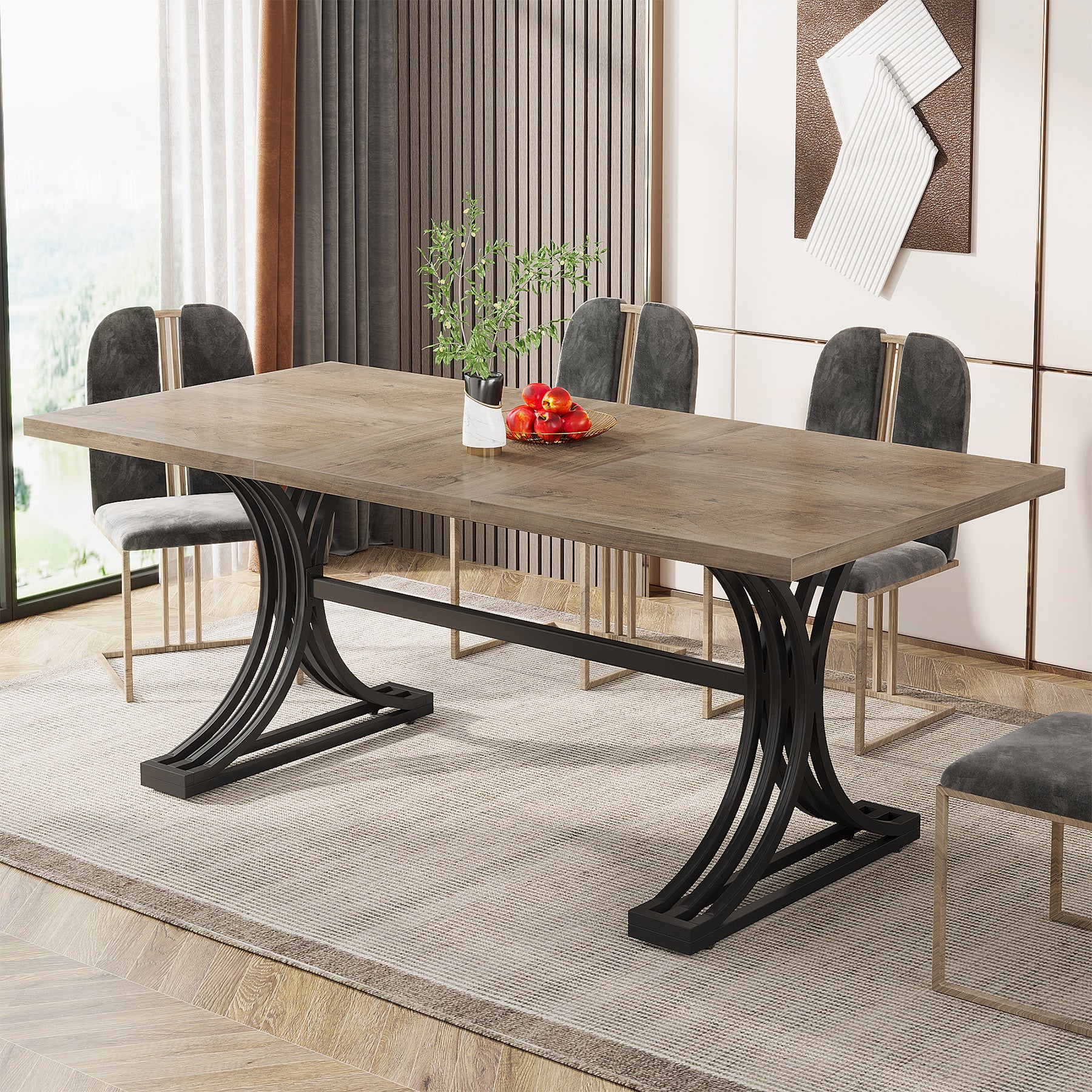 63" Modern Dining Table with Faux Marble Tabletop & Metal Legs