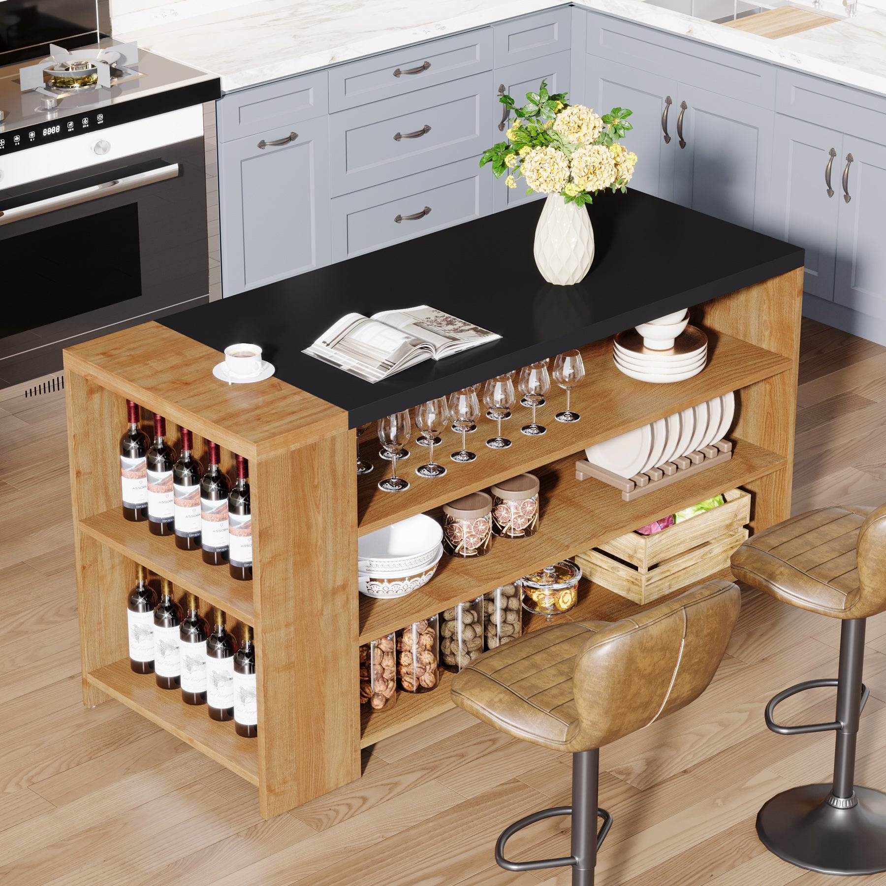 55" Kitchen Island with Storage, Farmhouse Coffee Bar Table with 5 Shelves