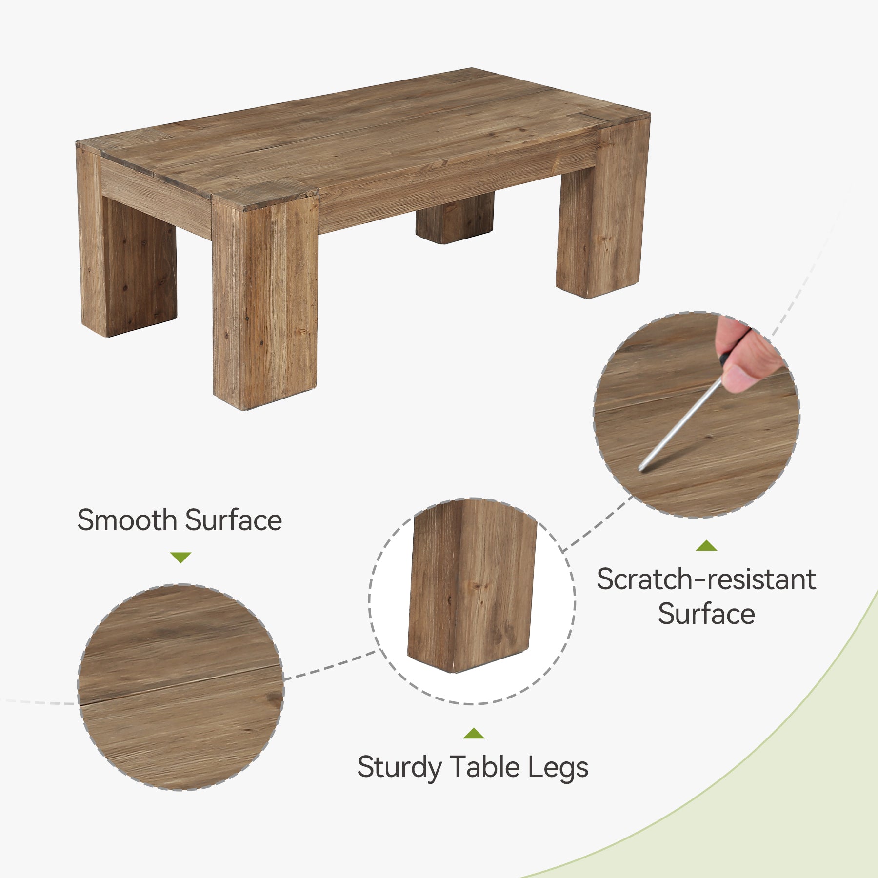Solid Wood Coffee Table, 55" Rectangle Center Table with Heavy-Duty Legs for Living Room