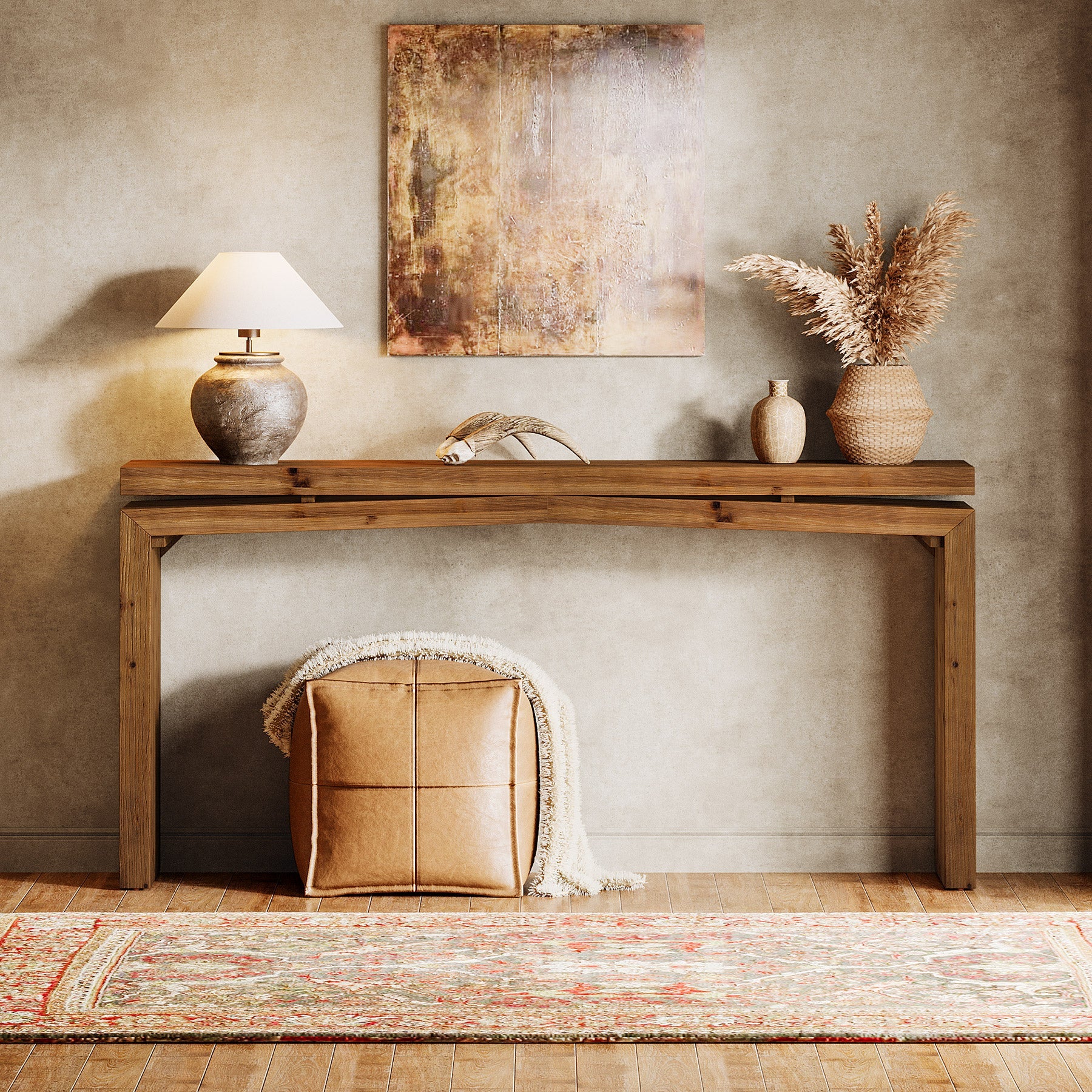 63" Solid Wood Farmhouse Console Table with 2-Tier Shelf, Long Sofa Table for Entryway, Living Room, or Behind Couch