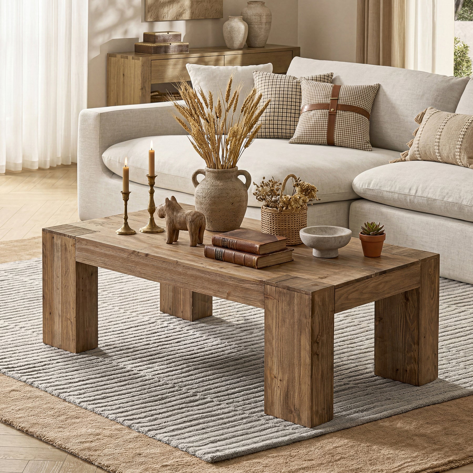 Solid Wood Coffee Table, 55" Rectangle Center Table with Heavy-Duty Legs for Living Room