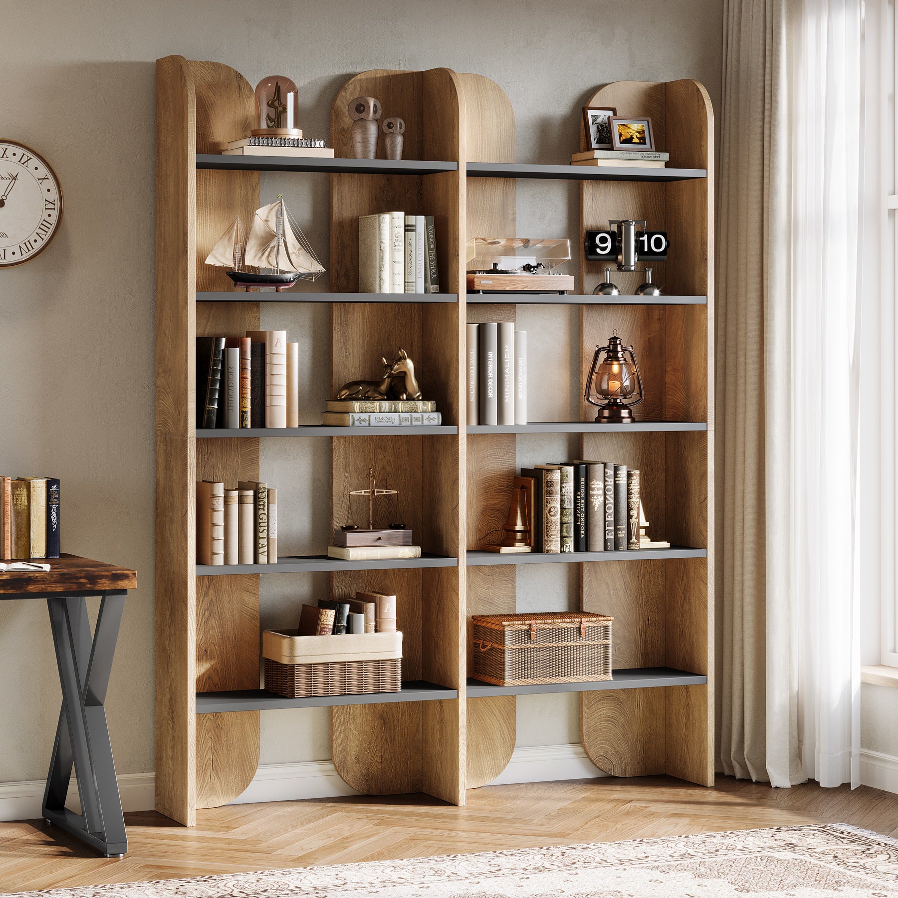 70.87" Bookshelf, 5-Tier Double Wide Bookcase with Open Shelves