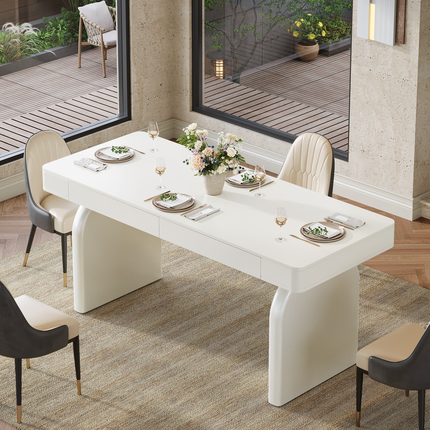 63" Dining Table, Rectangular Kitchen Table with 2 Drawers for 4-6 People