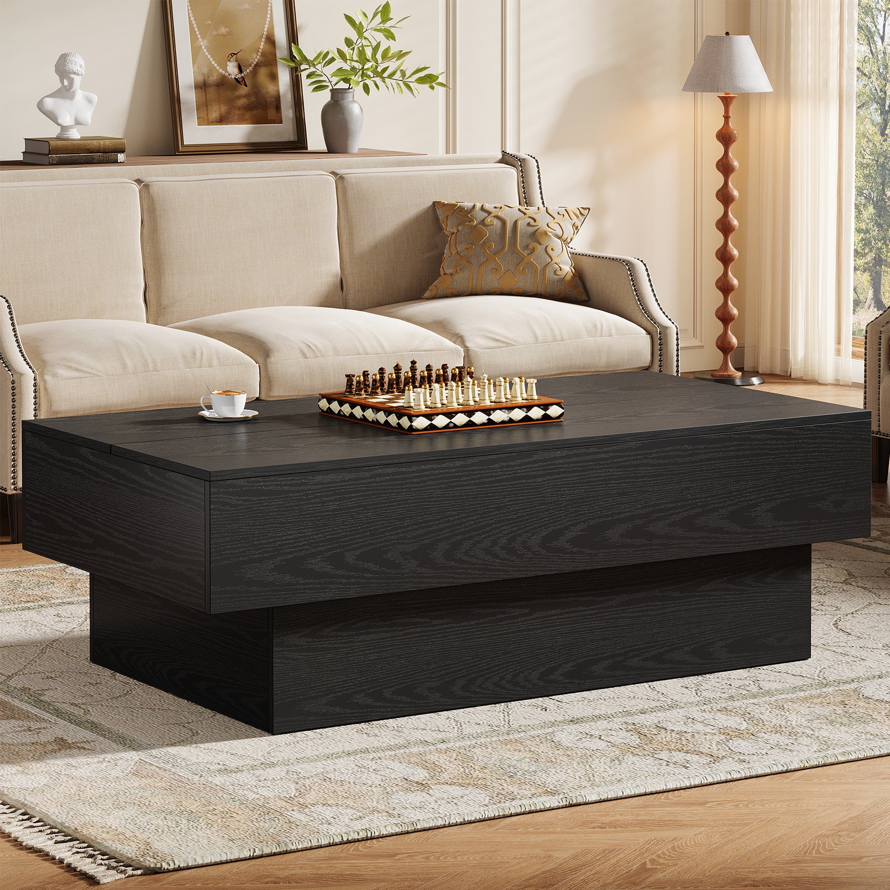 55" Coffee Table, Farmhouse Center Table Tea Table with Sturdy Pedestal