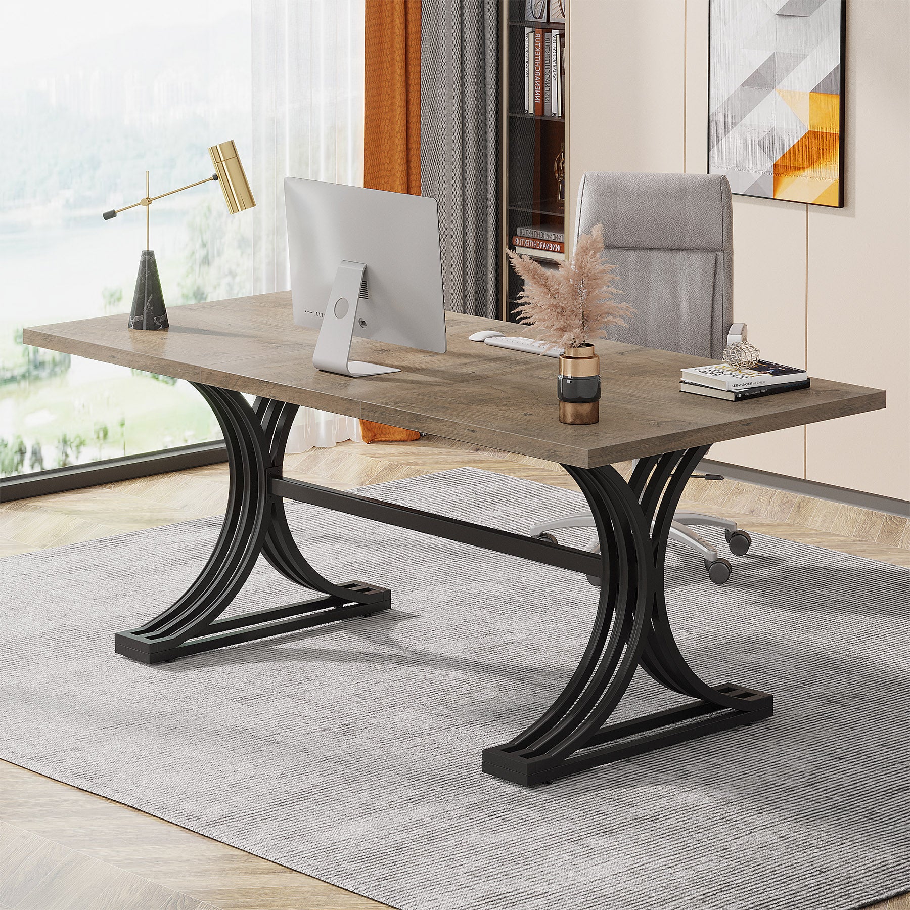 63" Modern Executive Computer Desk with Faux Marble Tabletop