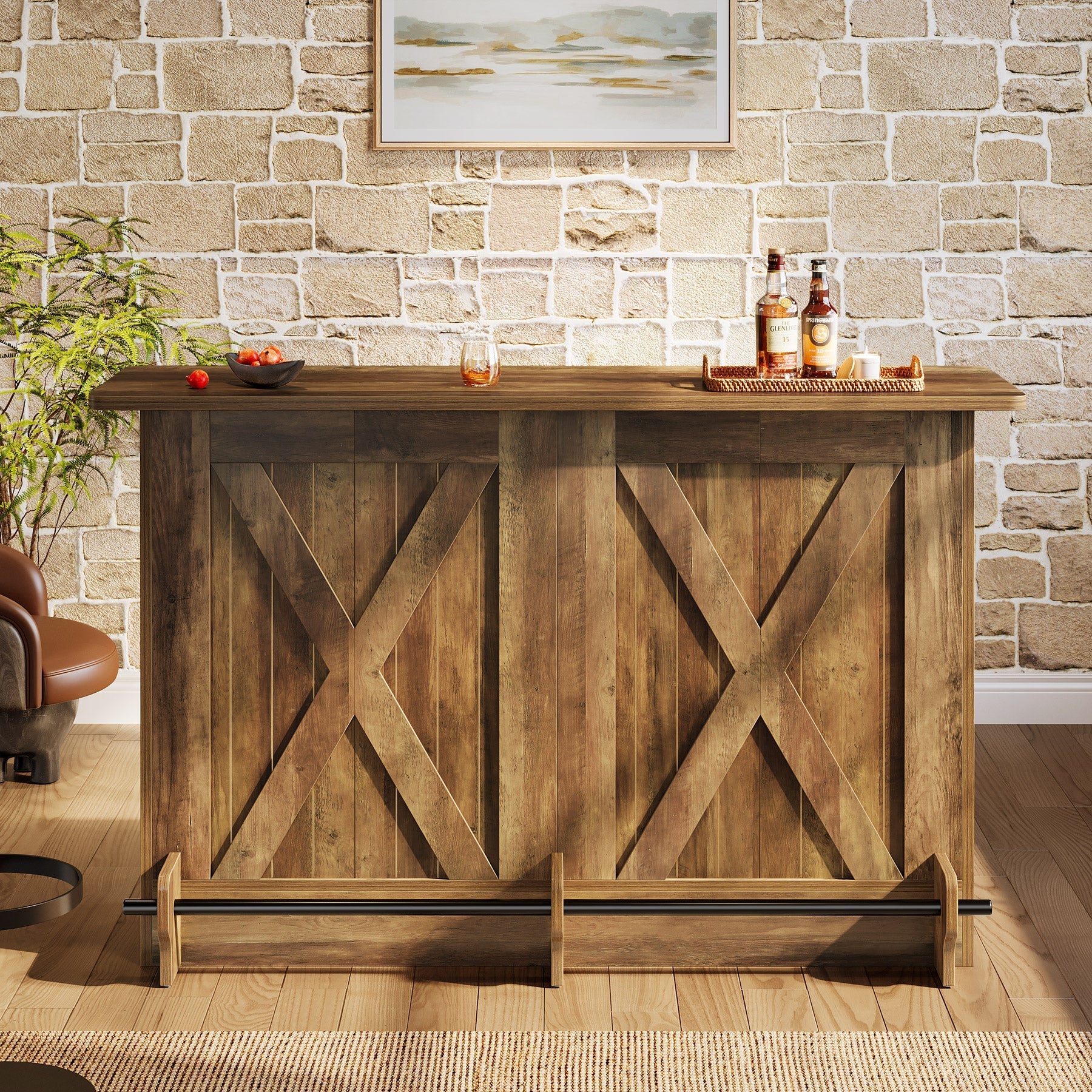 63" Home Bar Unit, 2-Tier  Bar Table Coffee Cabinet with Footrest