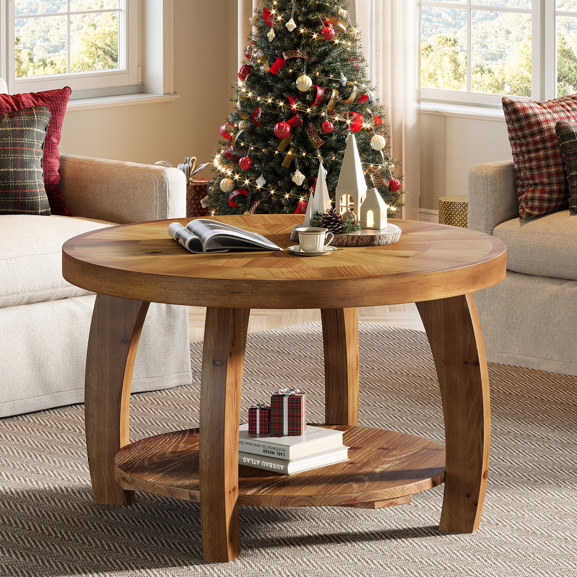 Solid Wood Round Coffee Table, 2-Tier Center Table with Storage for Living Room
