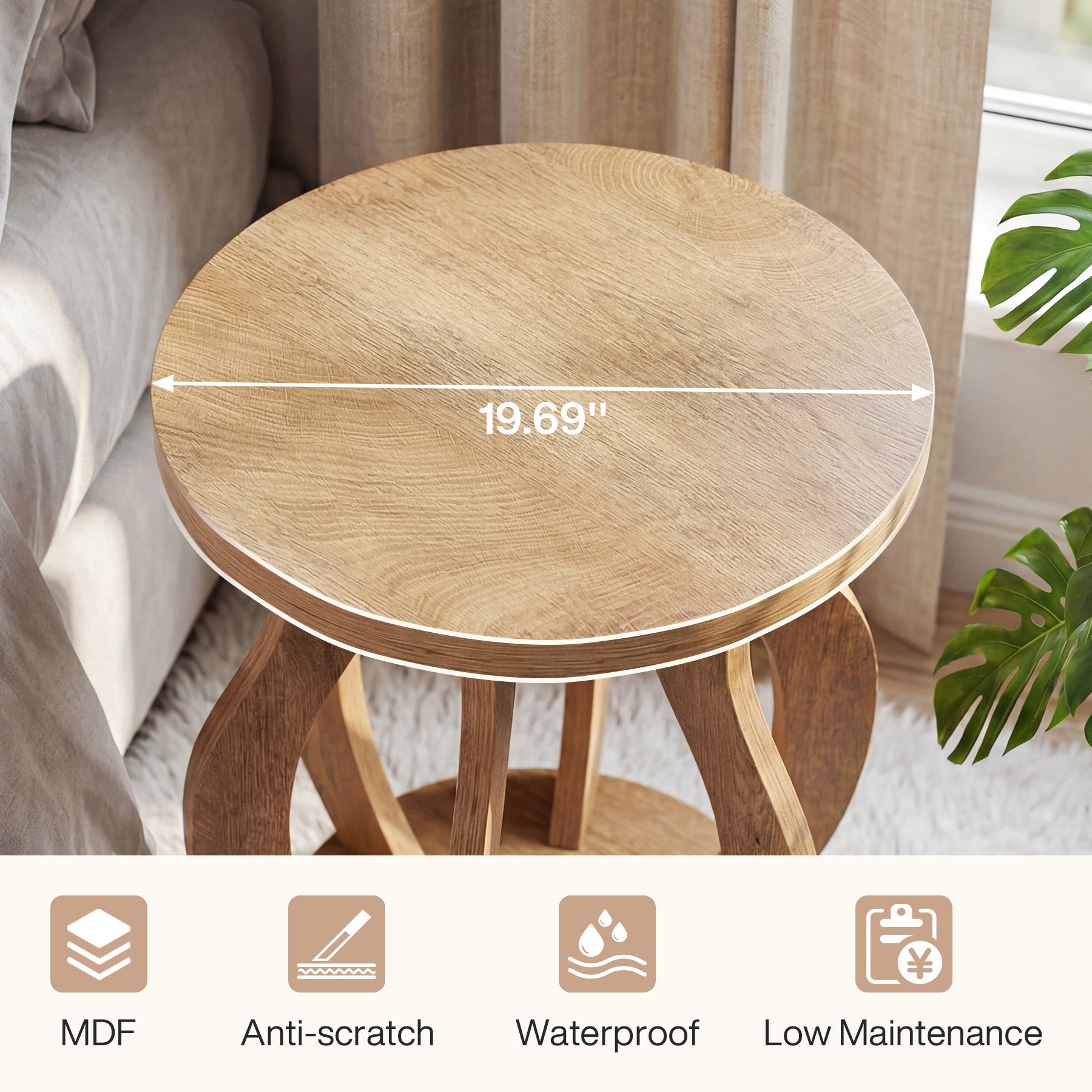 19.69" Round End Table, Curved Side Table Nightstand for Small Spaces
