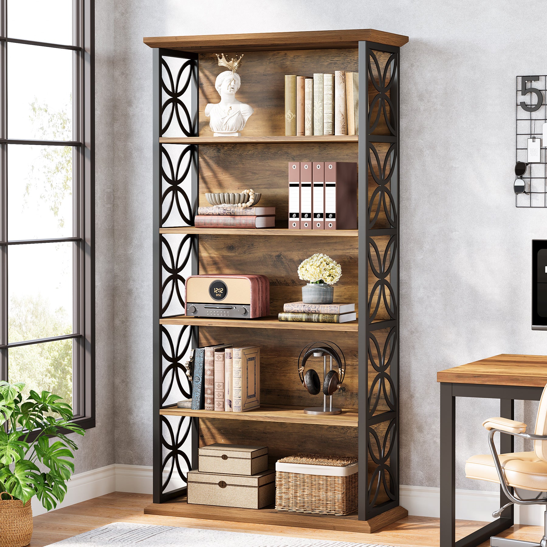 6-Tier Bookshelf, 71" Industrial Bookcase with Open Storage Shelves