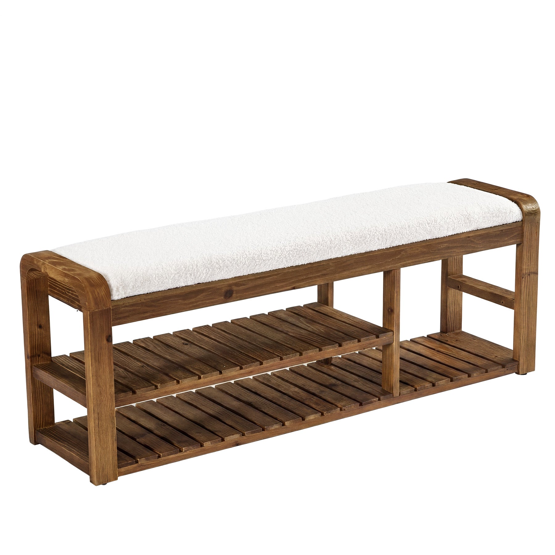 55" Solid Wood Shoe Storage Bench, Upholstered Entryway Bench with Removable Cushion
