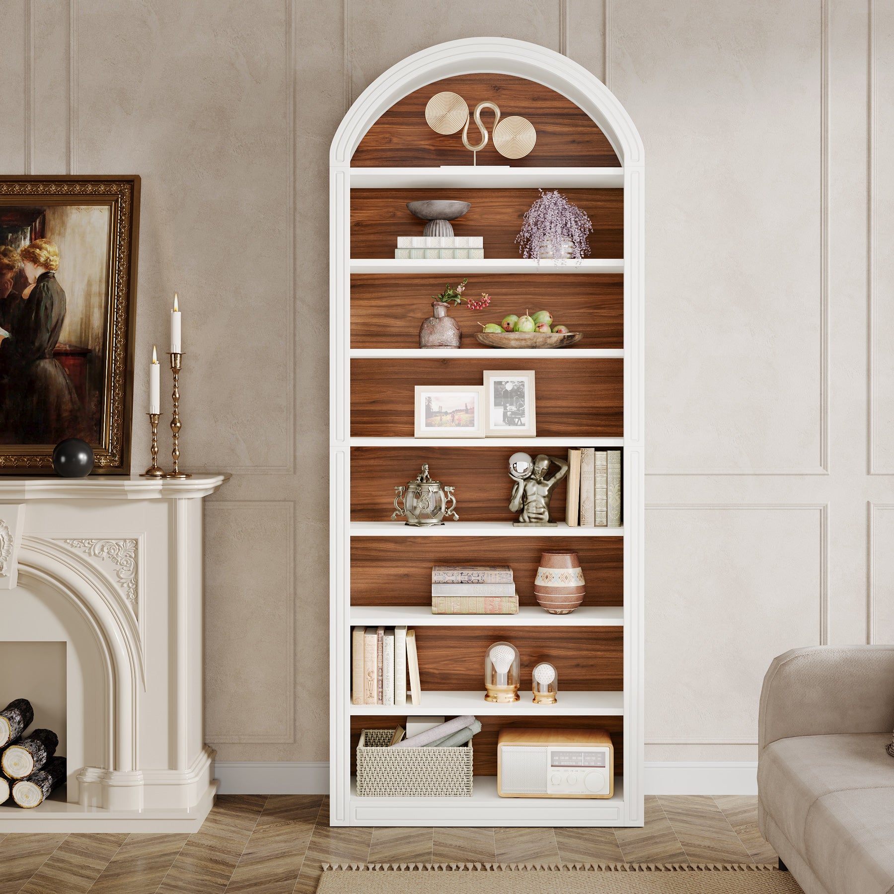 6-Tier / 8-Tier Bookshelf, Wooden Arched Bookcase Display Shelving Unit