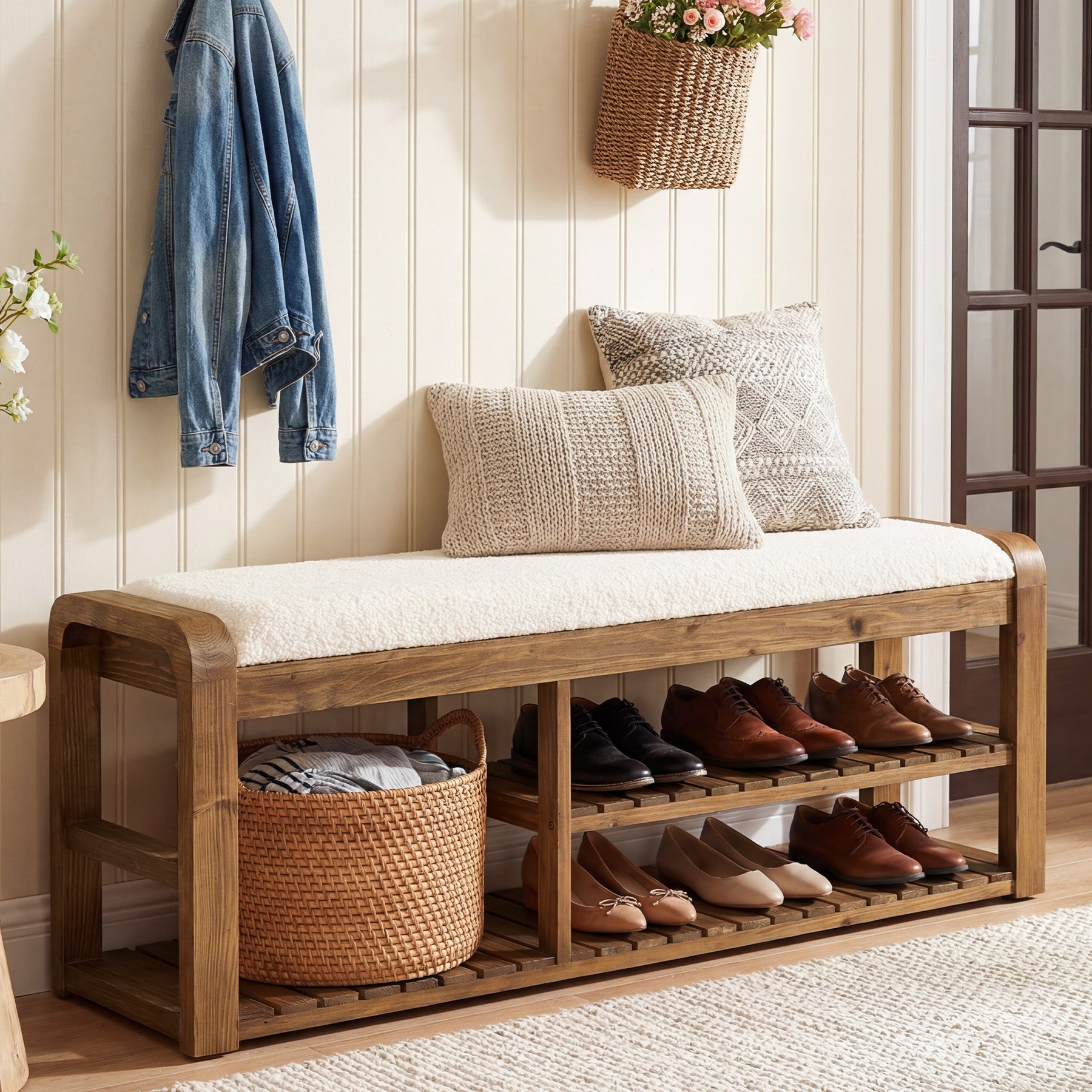 55" Solid Wood Shoe Storage Bench, Upholstered Entryway Bench with Removable Cushion