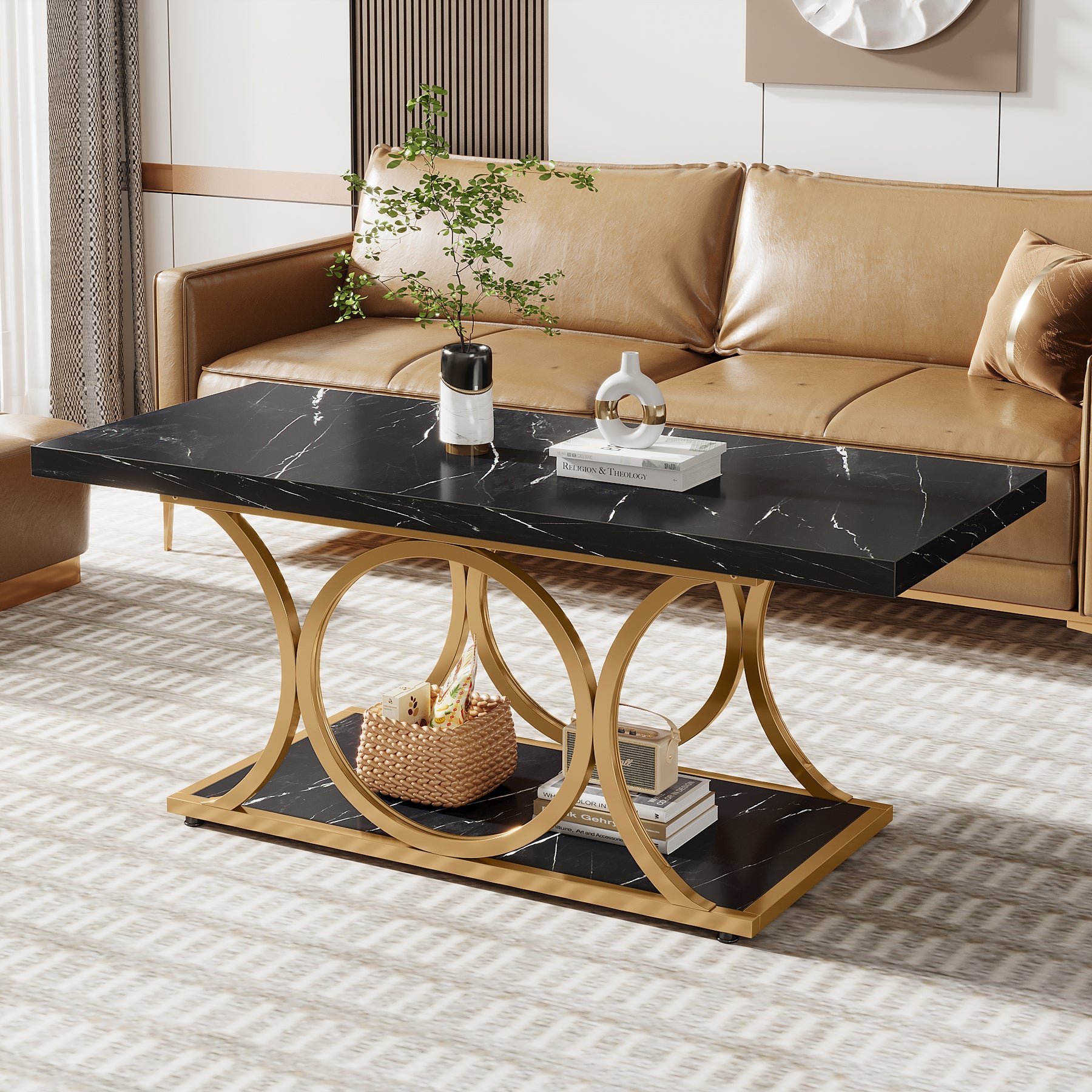 Rectangle Coffee Table, 46.45" Faux Marble Tea Table with Storage Shelf