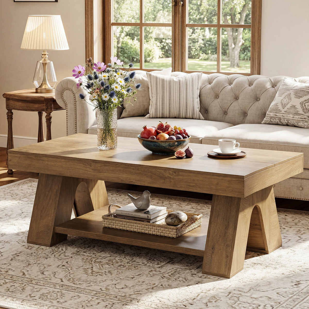 55.1" Farmhouse Coffee Table with Storage Shelf, Rectangle Center Table for Living Room