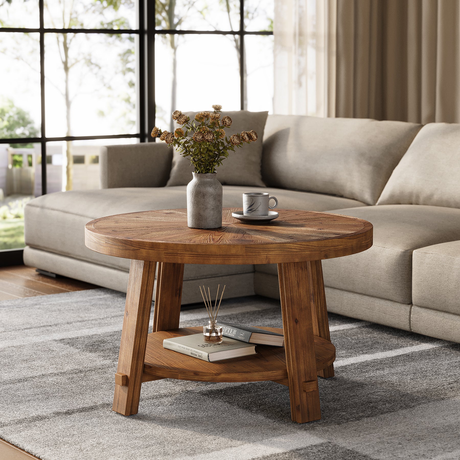 Solid Wood Coffee Table with Storage, 2-Tier Round Tea Table for Living Room