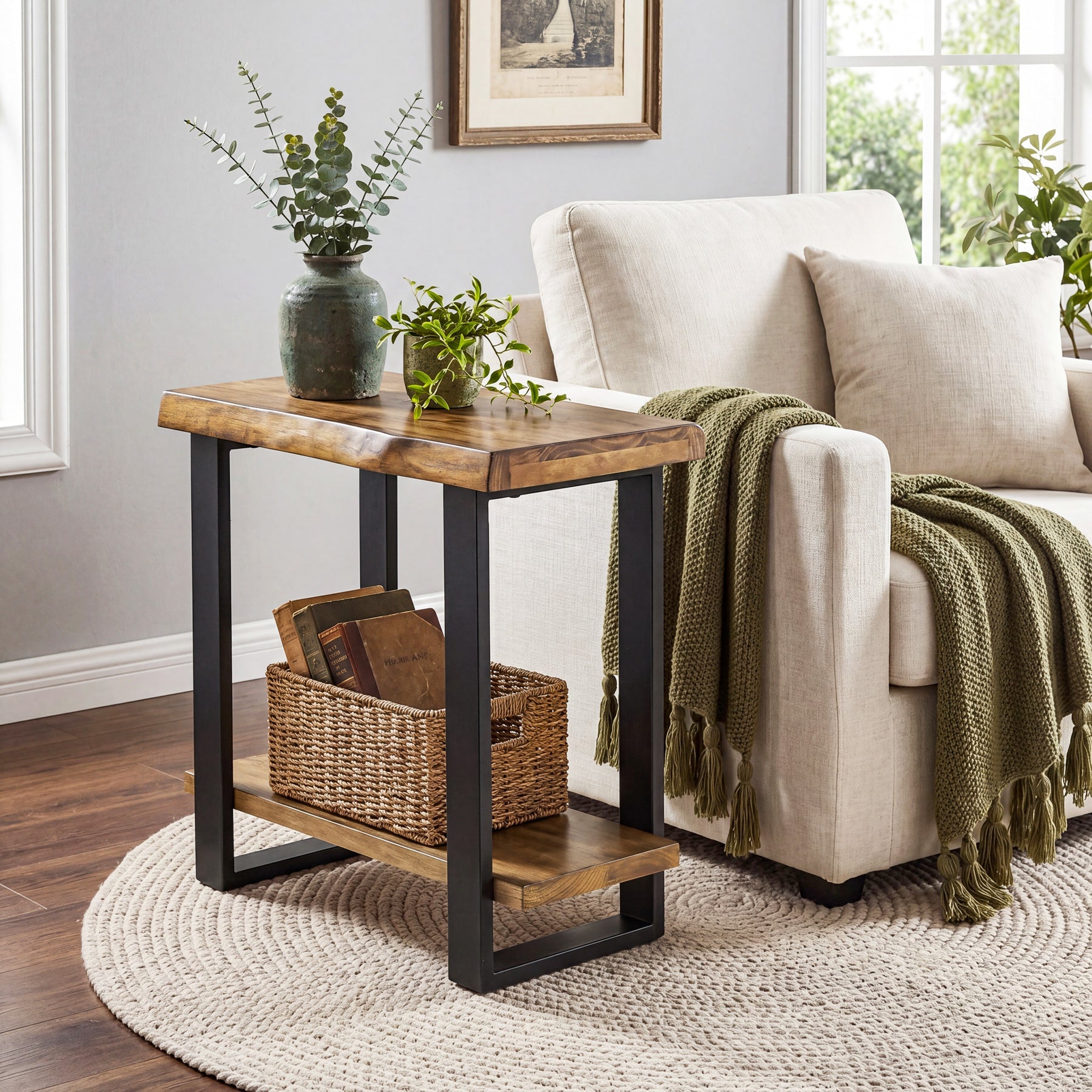 Solid Wood End Table, 2-Tier Side Table Nightstand with Iron Frame