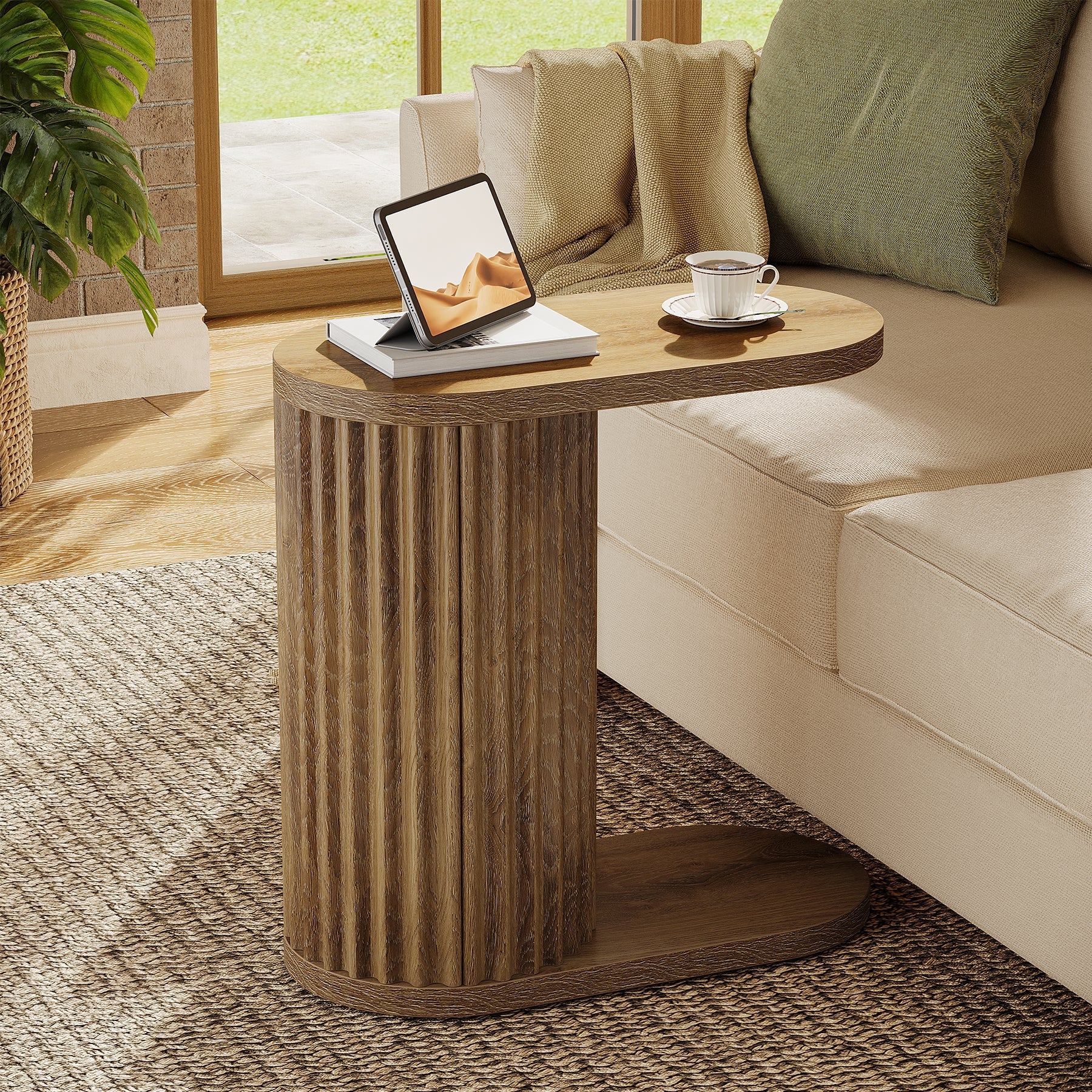 23.62" Fluted C-Shaped End Table with Oval Top, Narrow Side Table for Couch