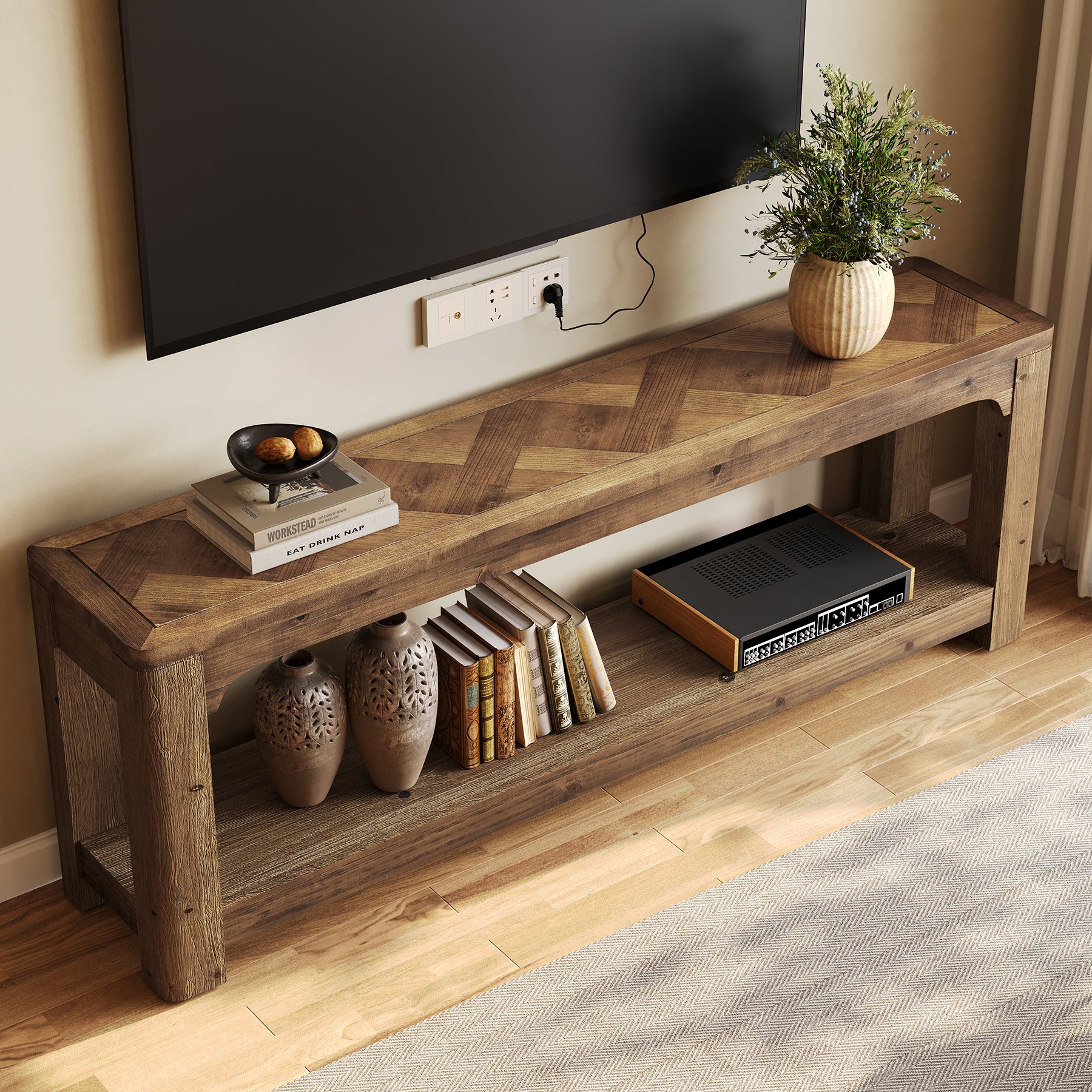 63" Solid Wood TV Stand, Entertainment Center with Open Shelves for 65" TV