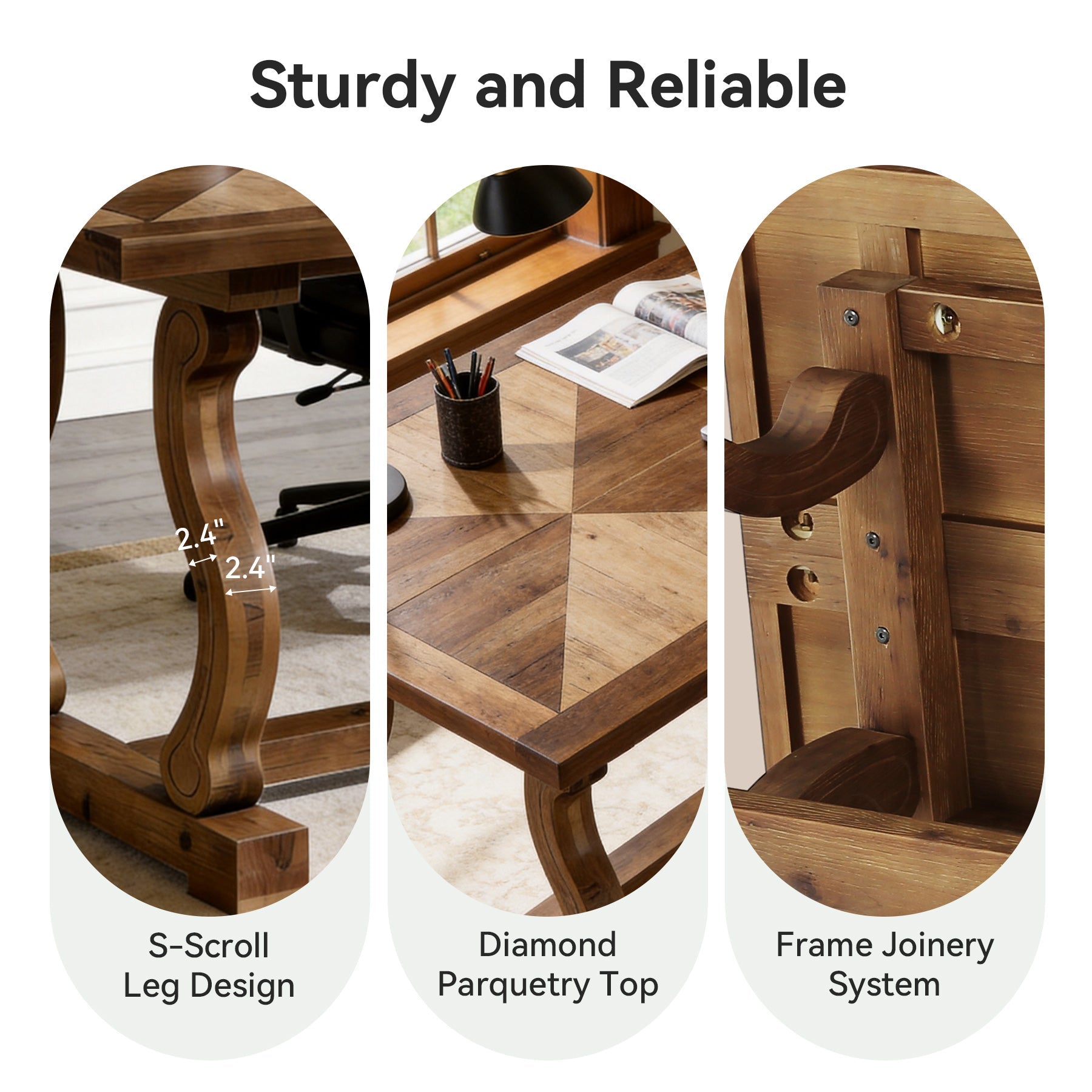 63" Solid Wood Executive Desk, Farmhouse Computer Desk with Parquetry Top & Scroll Legs for Home Office
