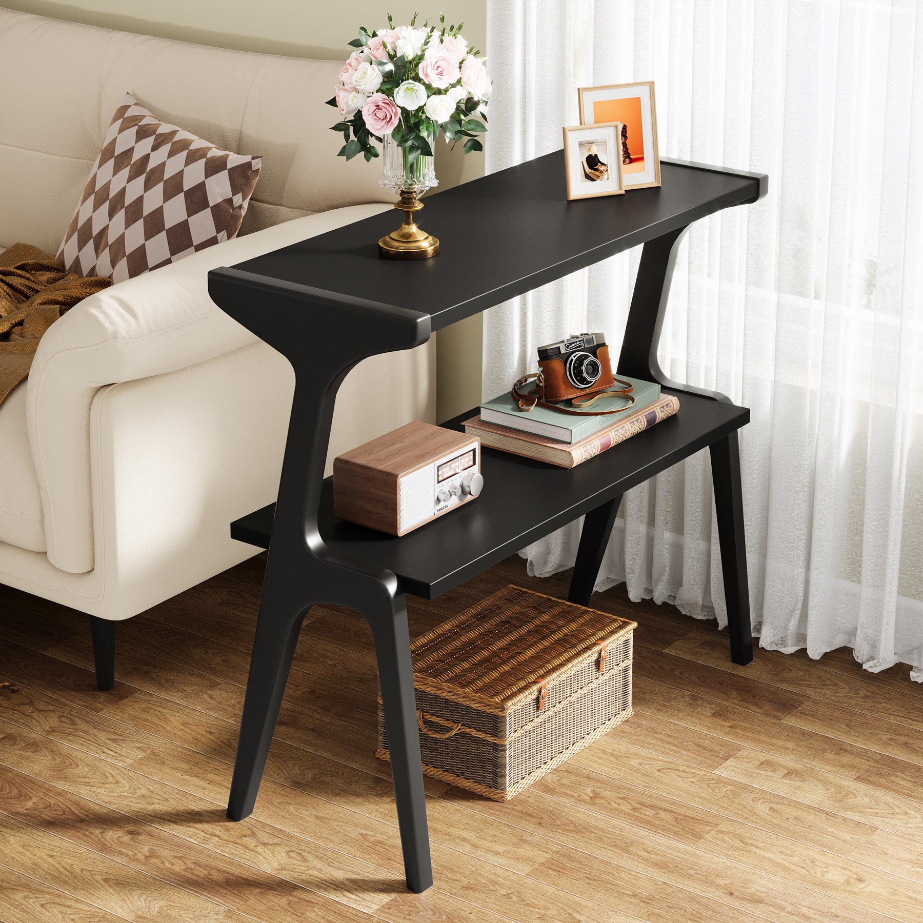 2-Tier End Table, Slim Sofa Side Table with Storage Shelf
