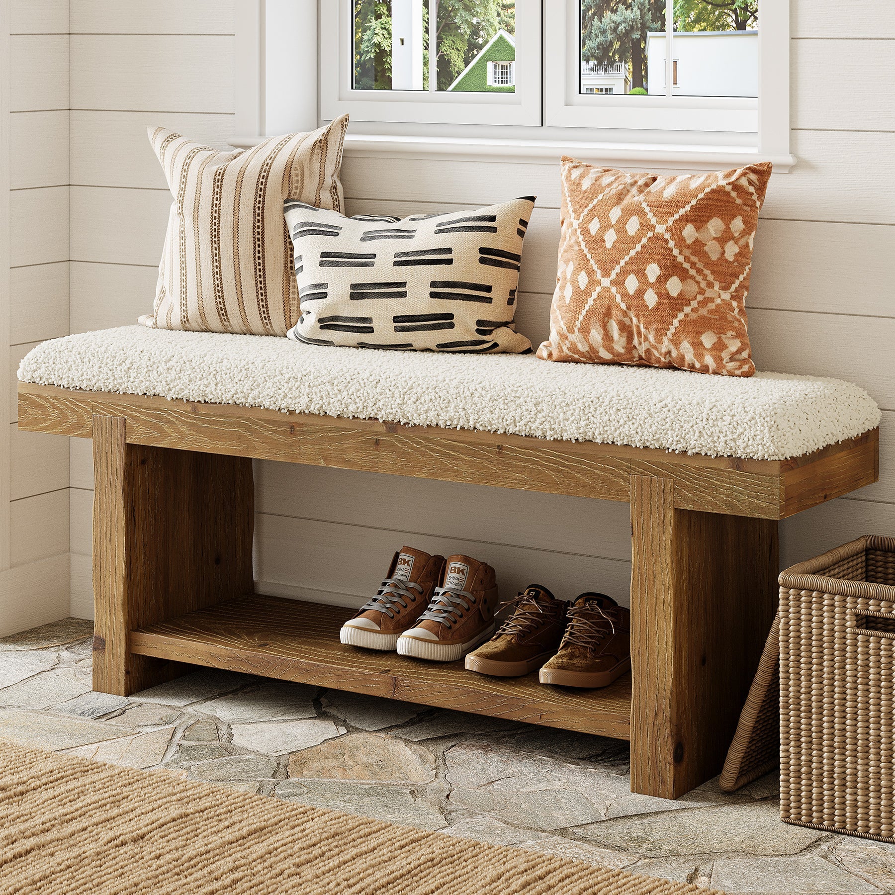 47.2" Solid Wood Entryway Bench, Upholstered Storage for Hallway