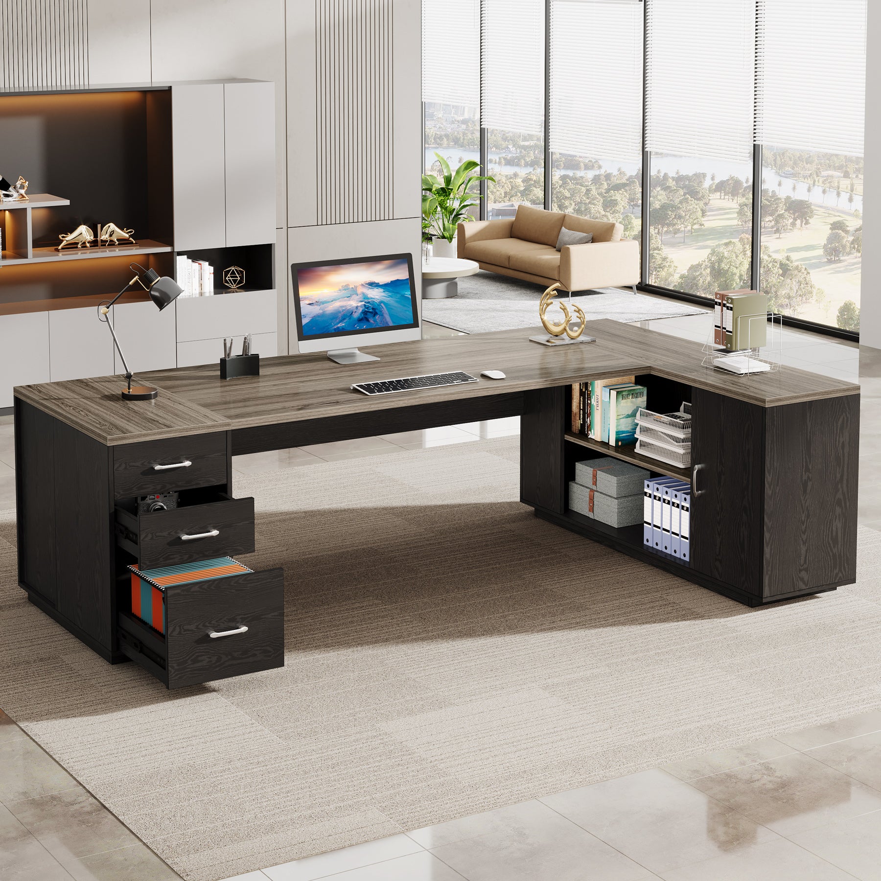 85.8" Executive Desk, L-Shaped Office Desk Computer Desk with File Drawers