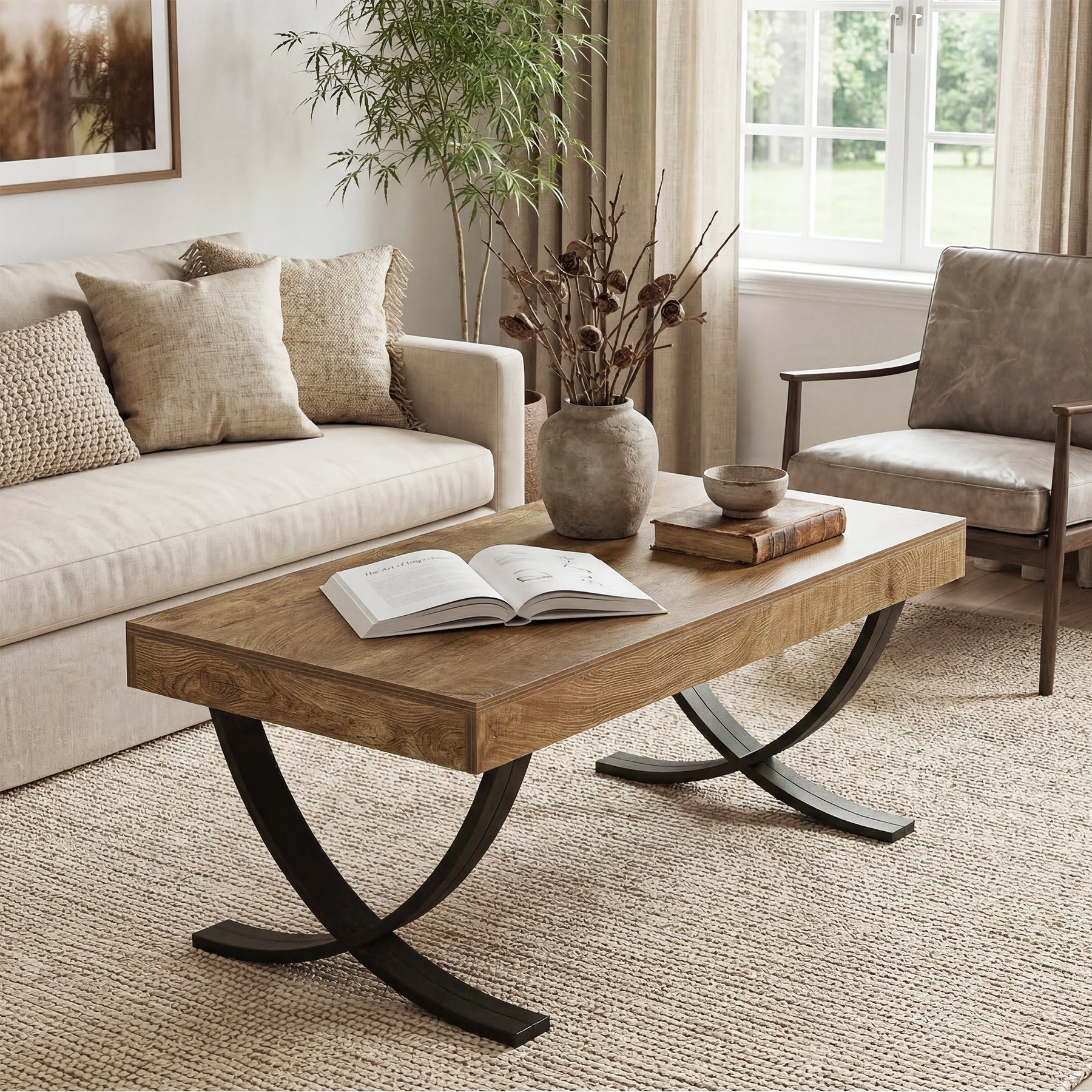 47.2" Coffee Table, Rectangle Center Table with Curved Cross Legs for Living Room