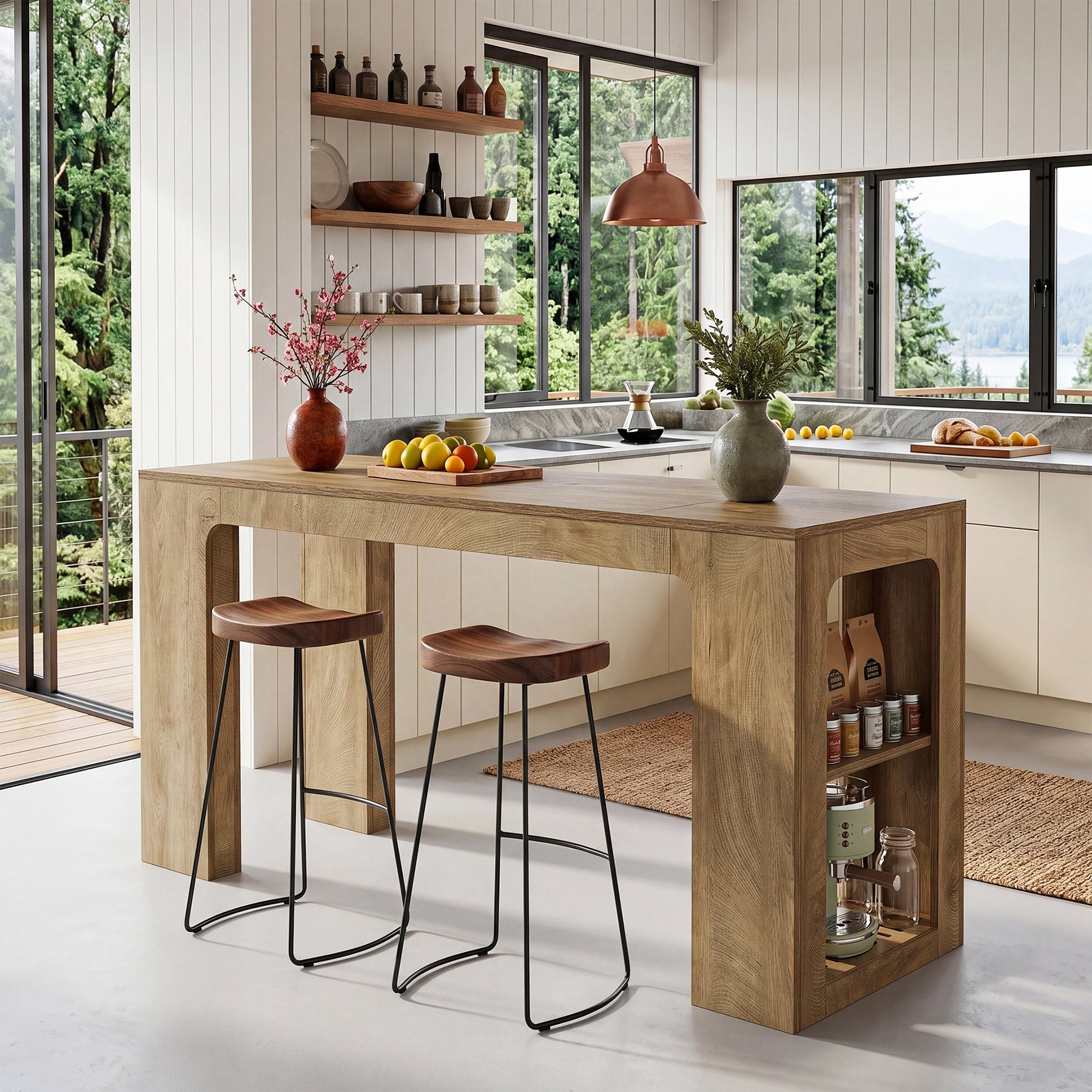 63" Long Kitchen Island, Counter Height Stationary Island Stand with Spacious Legroom