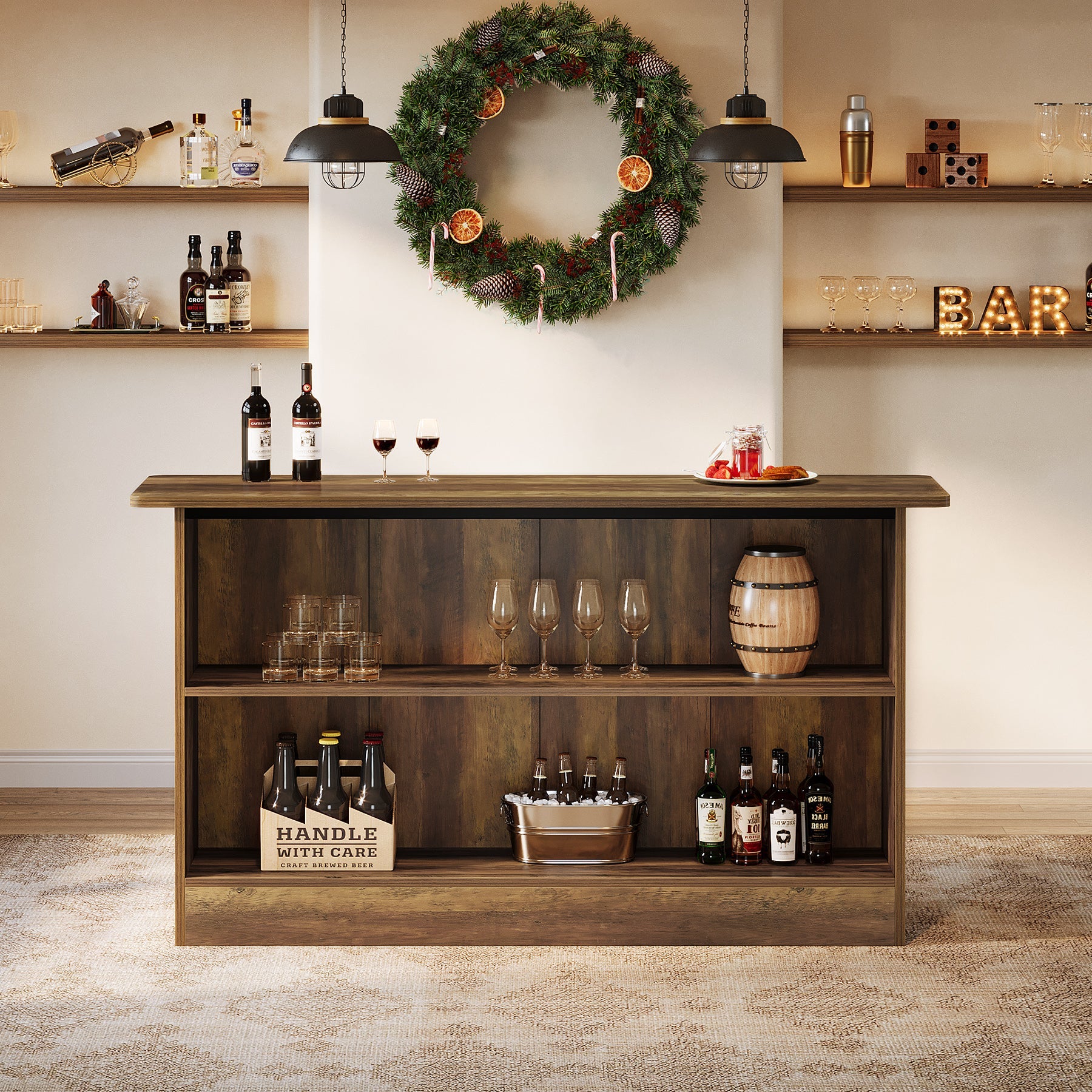 63" Home Bar Unit, 2-Tier  Bar Table Coffee Cabinet with Footrest