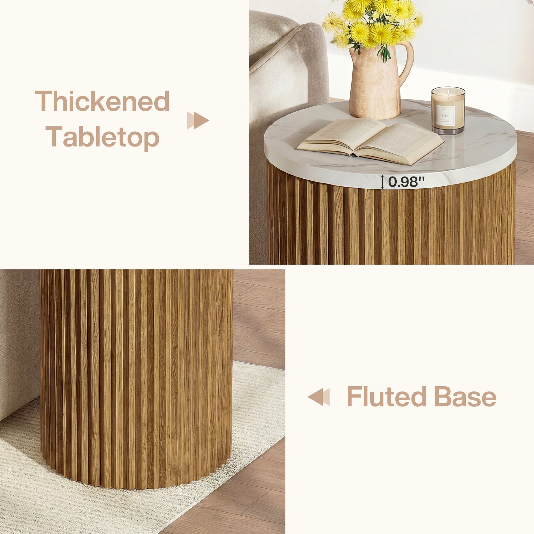 Round End Table, 23.6" Tall Side Table with Faux Marble Tabletop