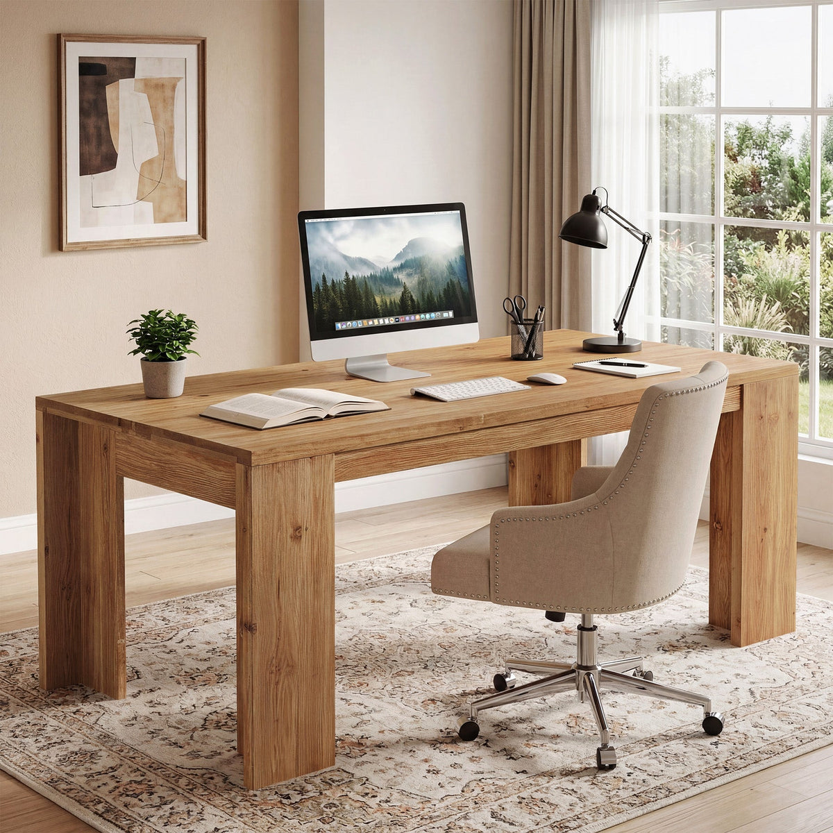 63" Solid Wood Executive Desk, Farmhouse Computer Desk with Large Tabletop for Home Office