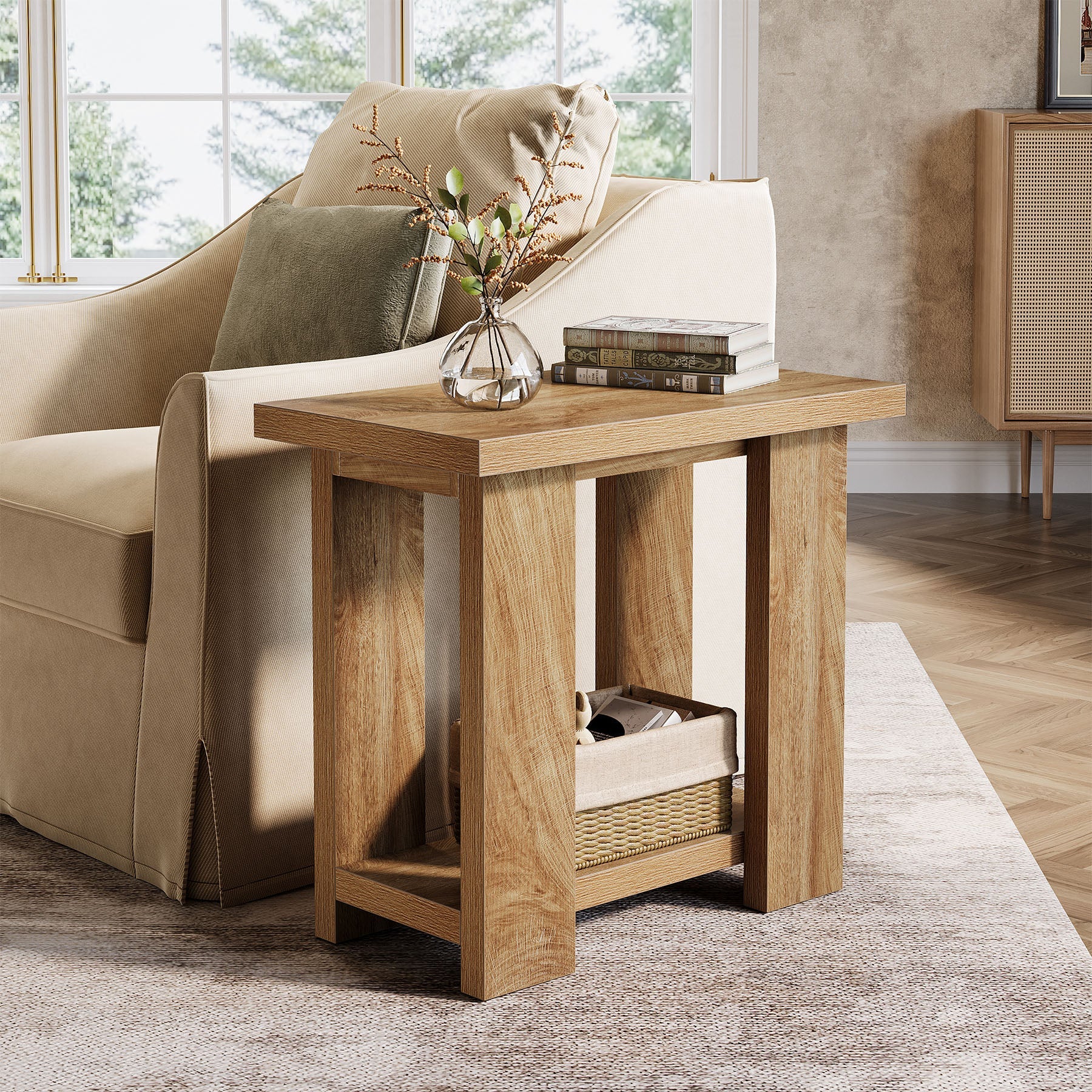 2-Tier End Table, Farmhouse Side Table with Storage Shelves for Small Space
