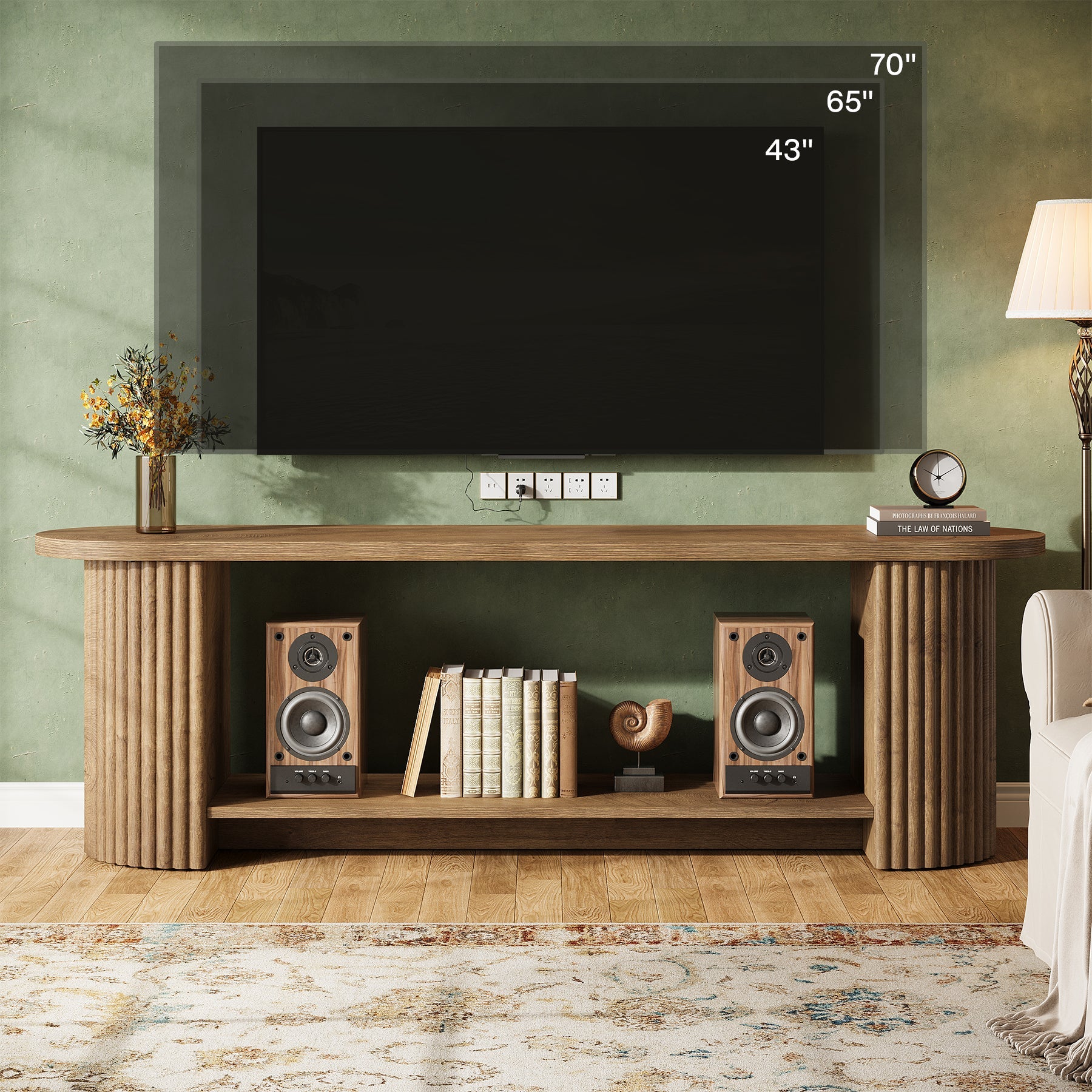 63” Fluted TV Stand, Farmhouse Entertainment Center with Storage Shelf