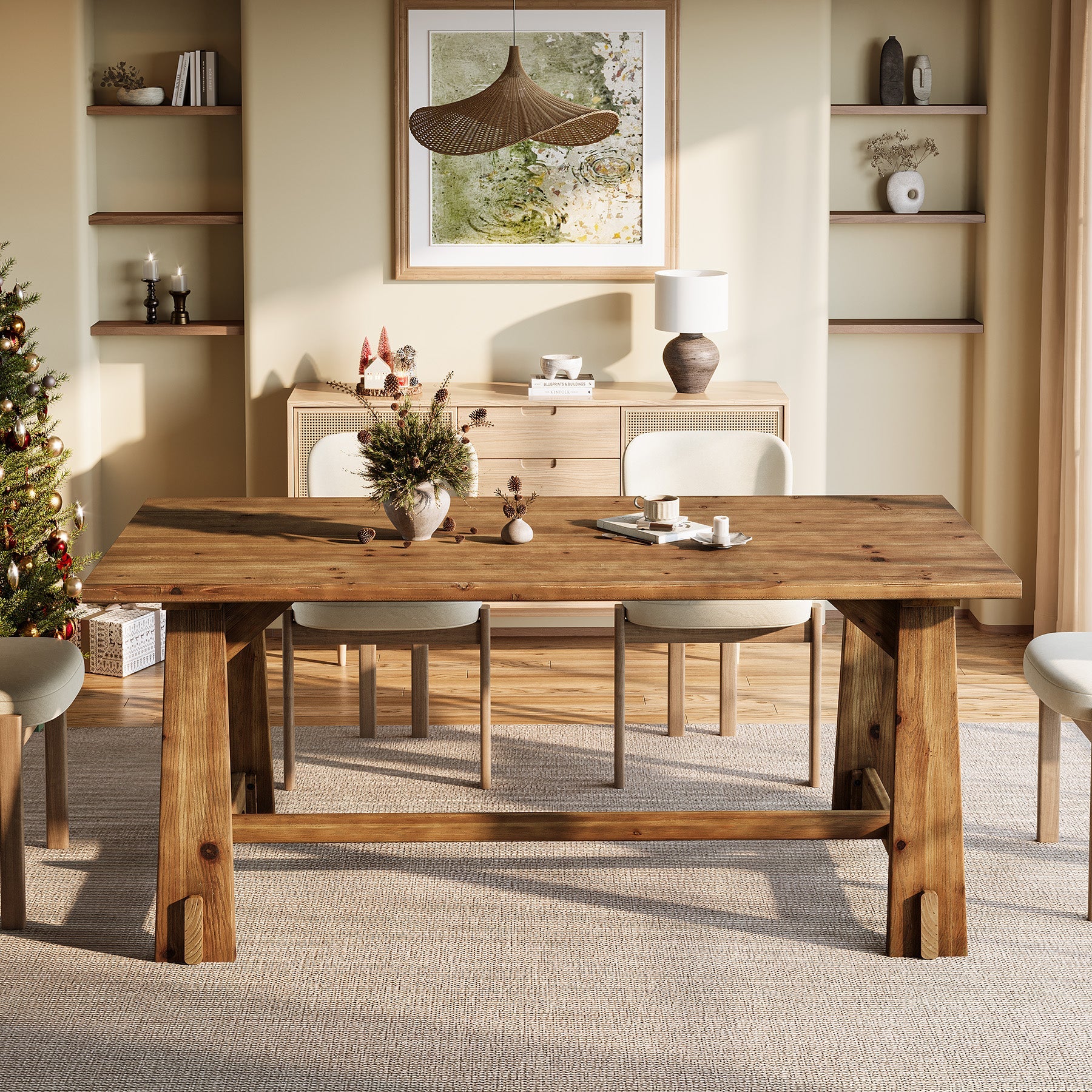 63" Solid Wood Dining Table for 4-6 People, Rustic Farmhouse Kitchen & Dining Room Table