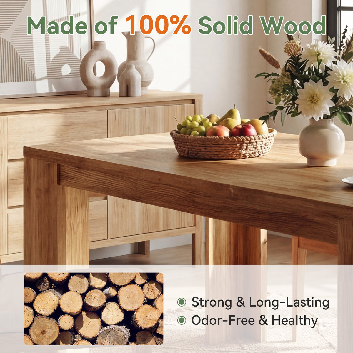 63" Solid Wood Dining Table, Farmhouse Kitchen Table with Heavy-Duty Legs for 4-6
