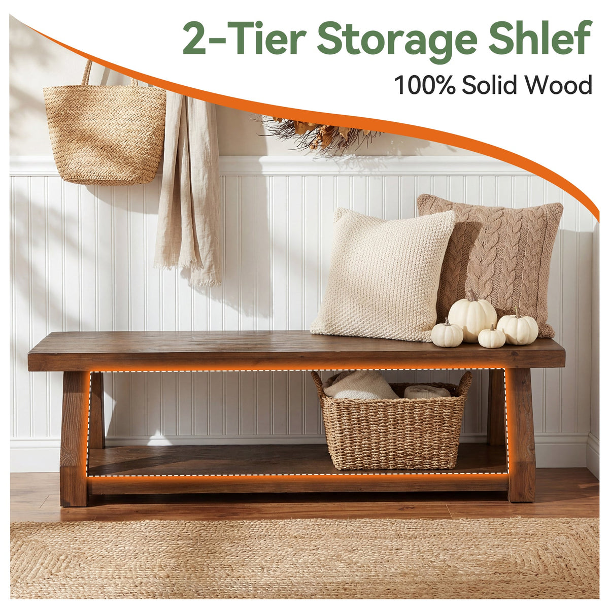 63" Solid Wood Entryway Bench with Storage, 2-Tier Shoe Bench for Hallway
